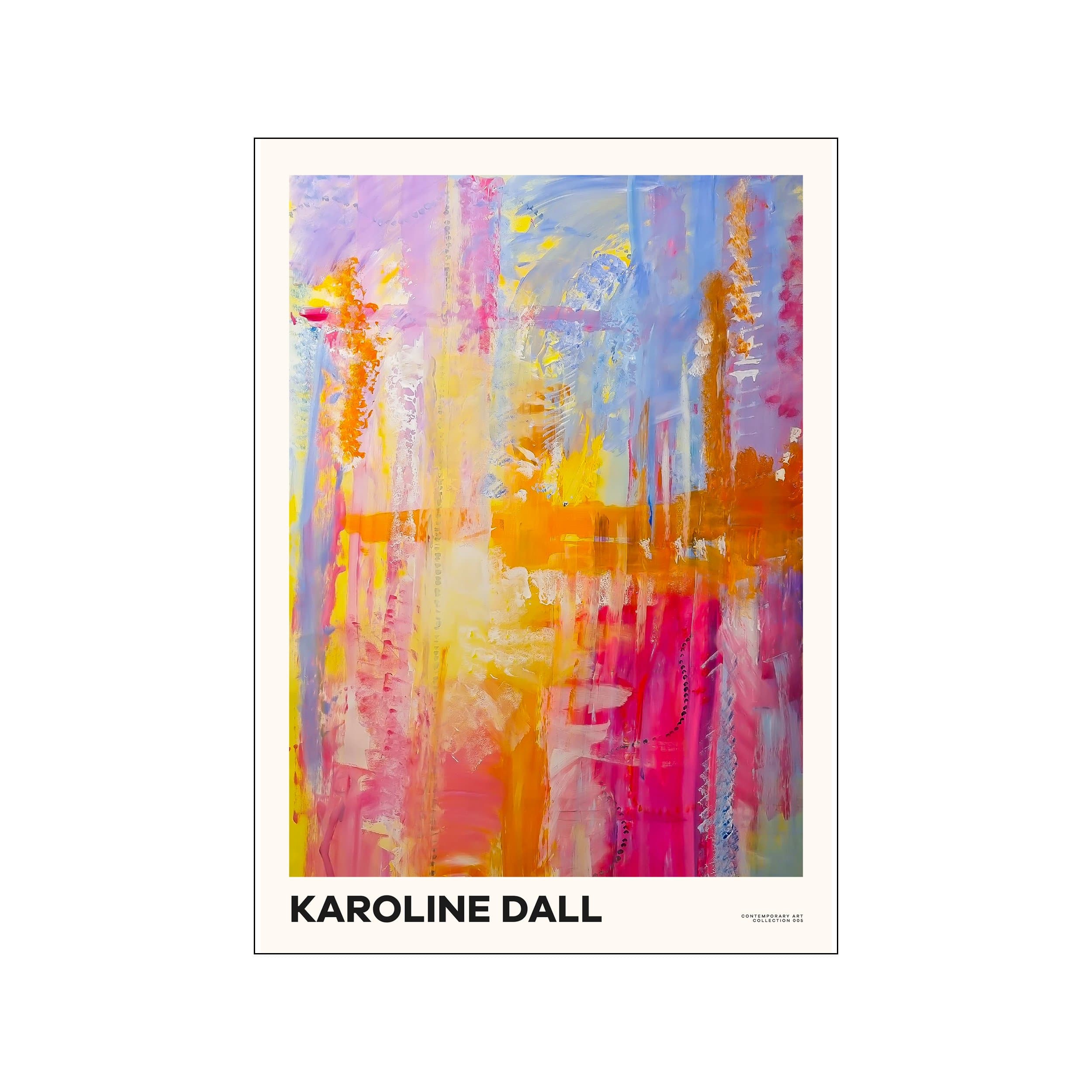 Abstract poster with layered pink, yellow, orange, blue, and lavender brushstrokes