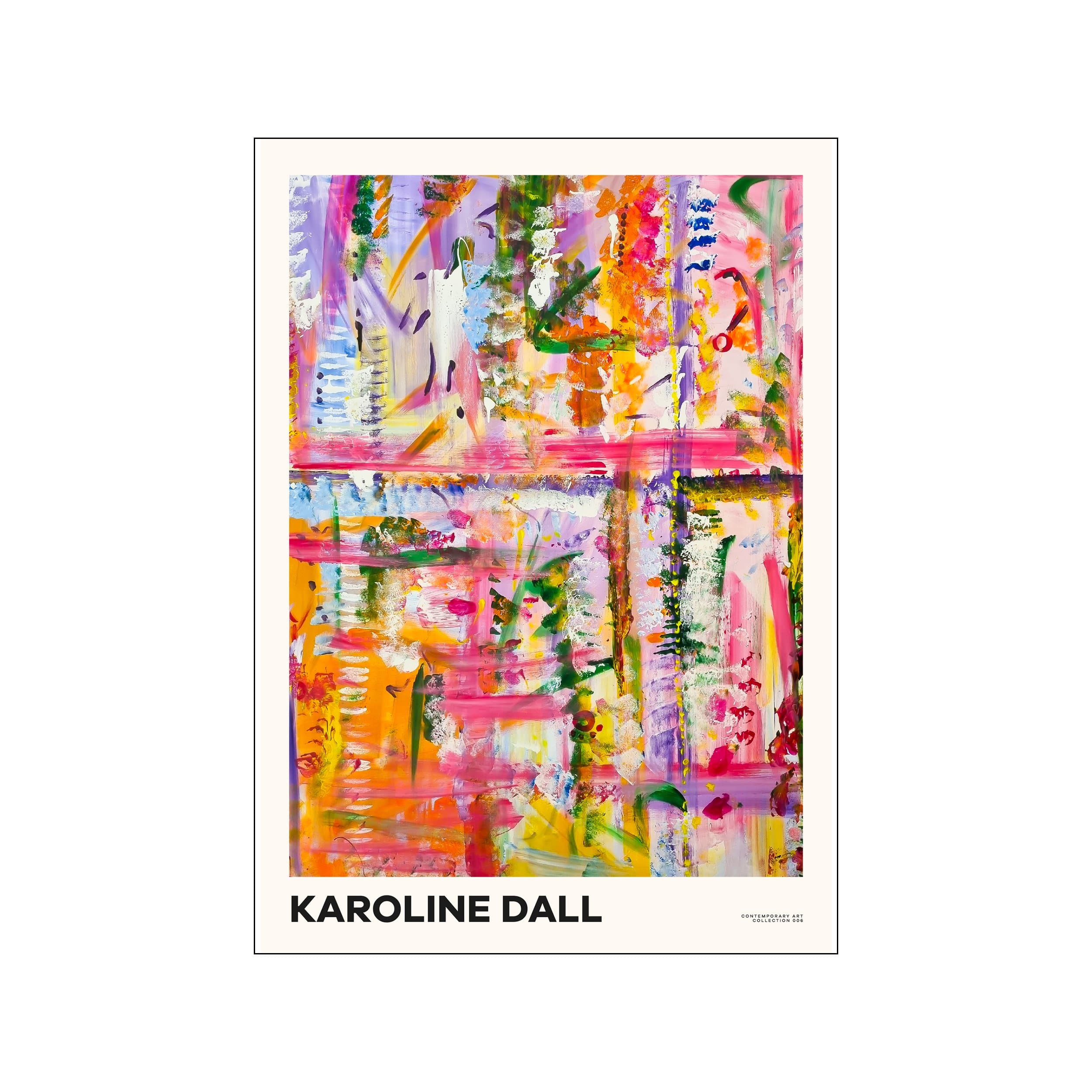 Colorful abstract print with layered pink, orange, green, and lilac brushstrokes