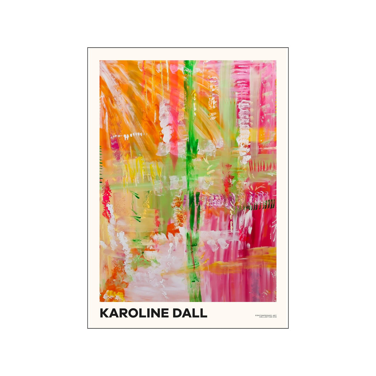 Abstract Karoline Dall print with vivid pink, orange, green, and white brushstrokes