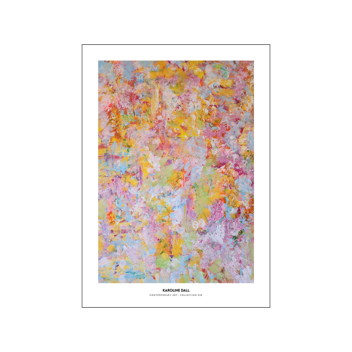 Colorful abstract print with layered pastel brushwork in yellow, pink, blue, and coral