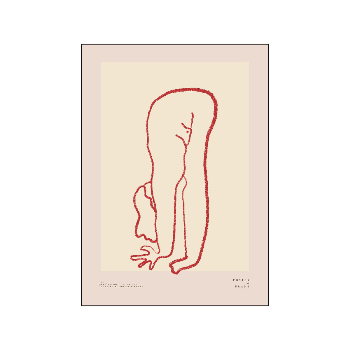 Minimal red line drawing of a standing female figure on cream with a blush border