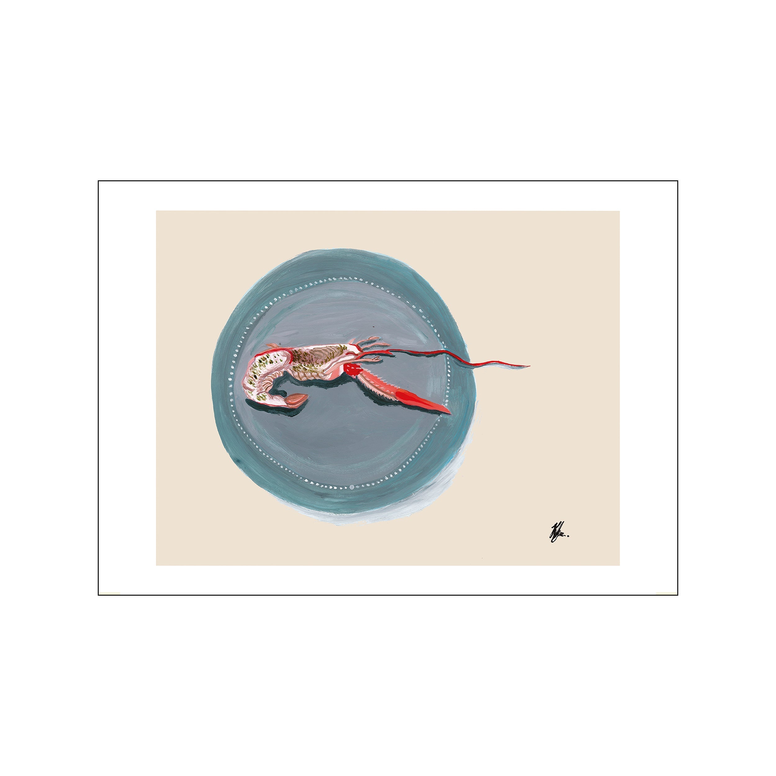 A detailed illustration of a crayfish-like creature with red accents, presented on a blue plate against a light beige background. The artwork has a soft, painterly texture and a refined, slightly quirky aesthetic.