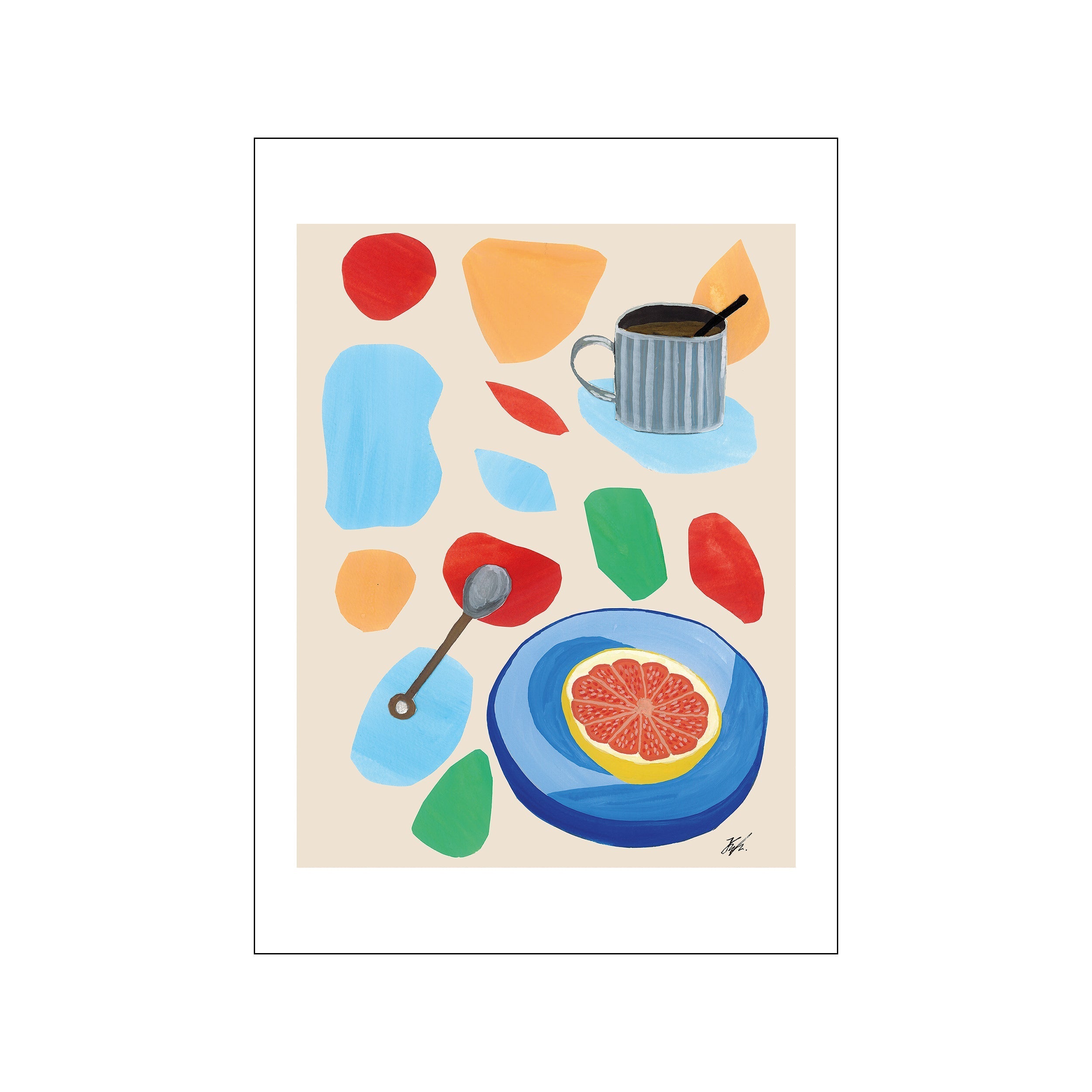 An art print featuring a whimsical still life with a grapefruit on a blue plate, a mug of coffee, and abstract shapes in red, orange, and blue, set against a neutral background.
