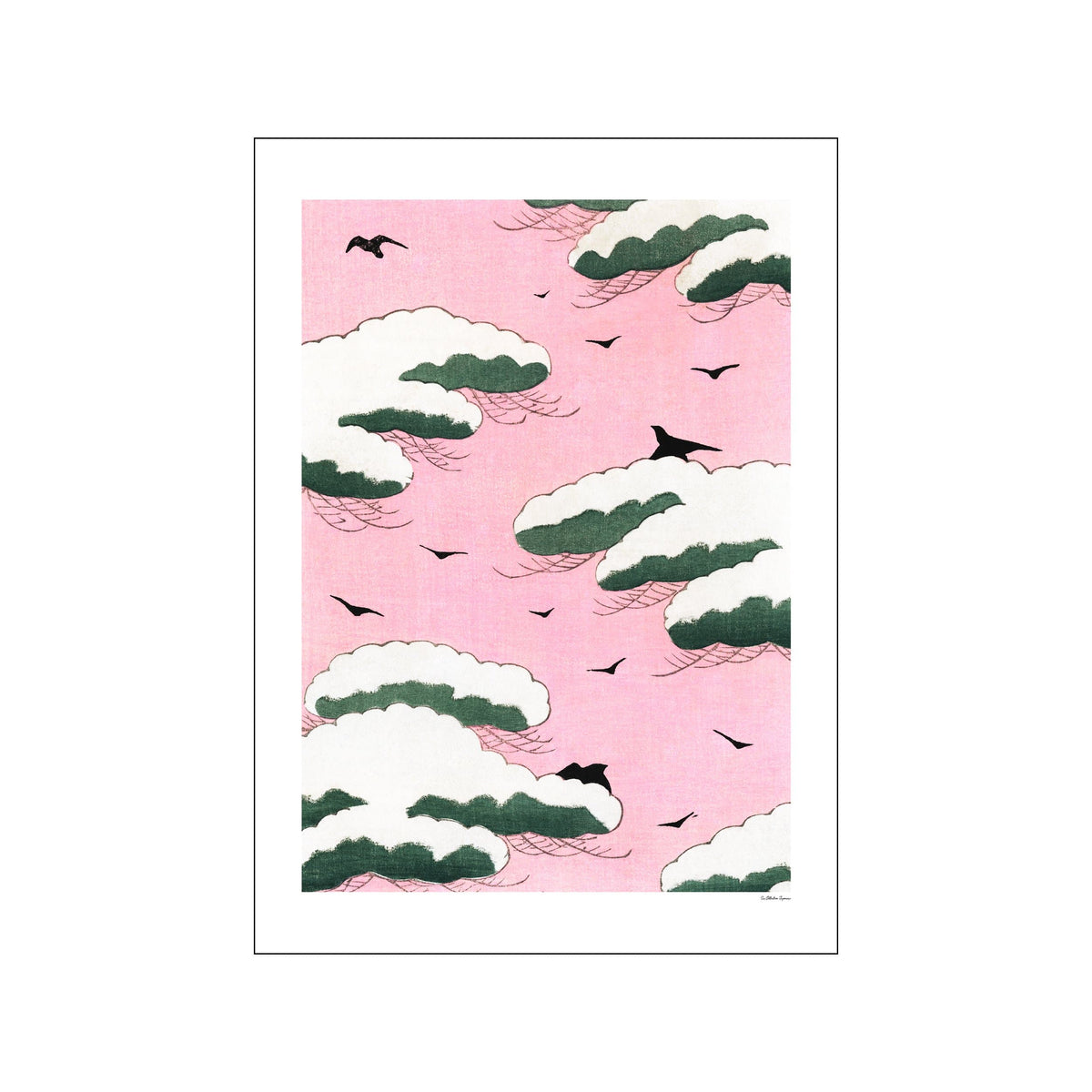 Pink Japanese-inspired cloudscape with green edged clouds and small black birds