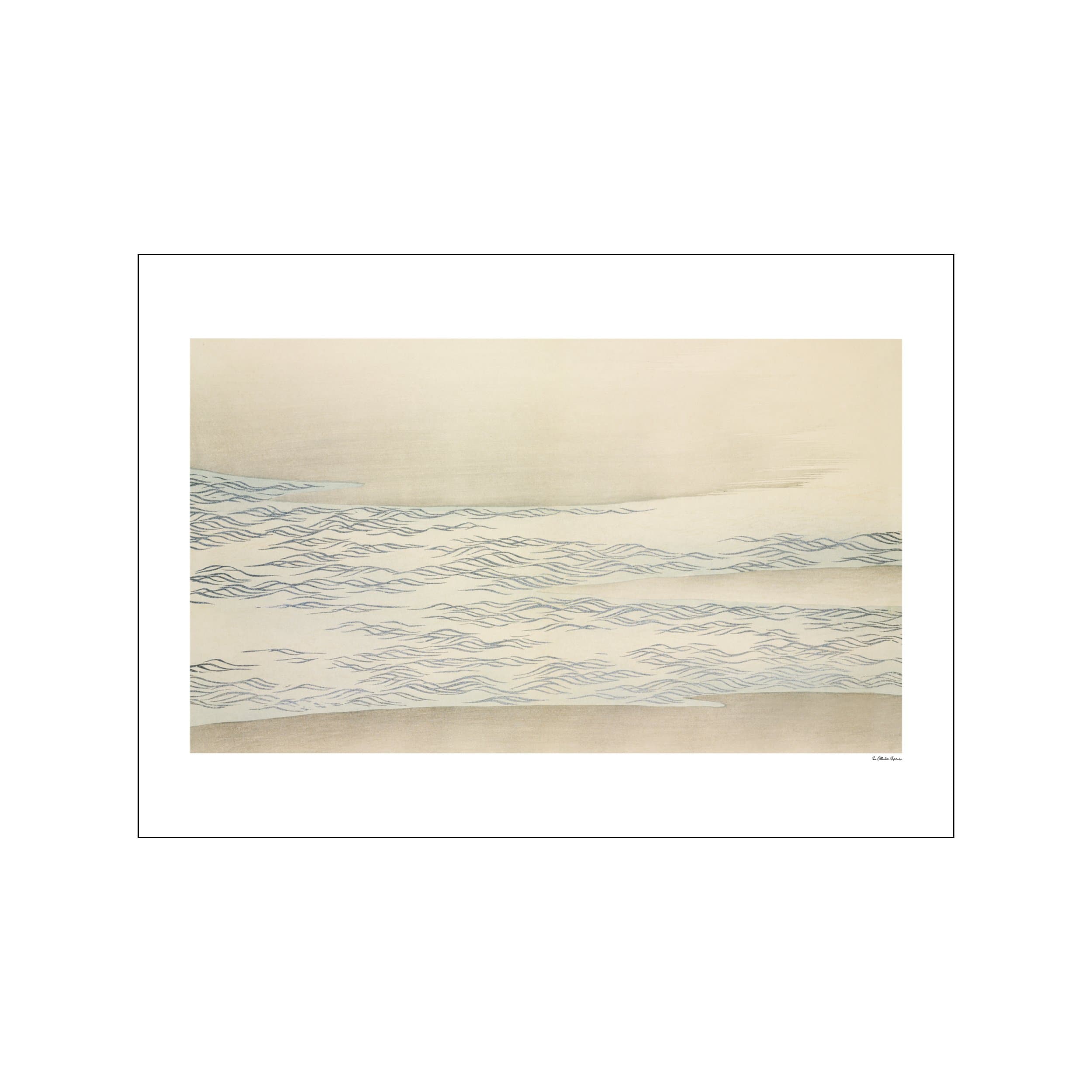 Soft beige abstract landscape with flowing blue-gray lines and wide open space