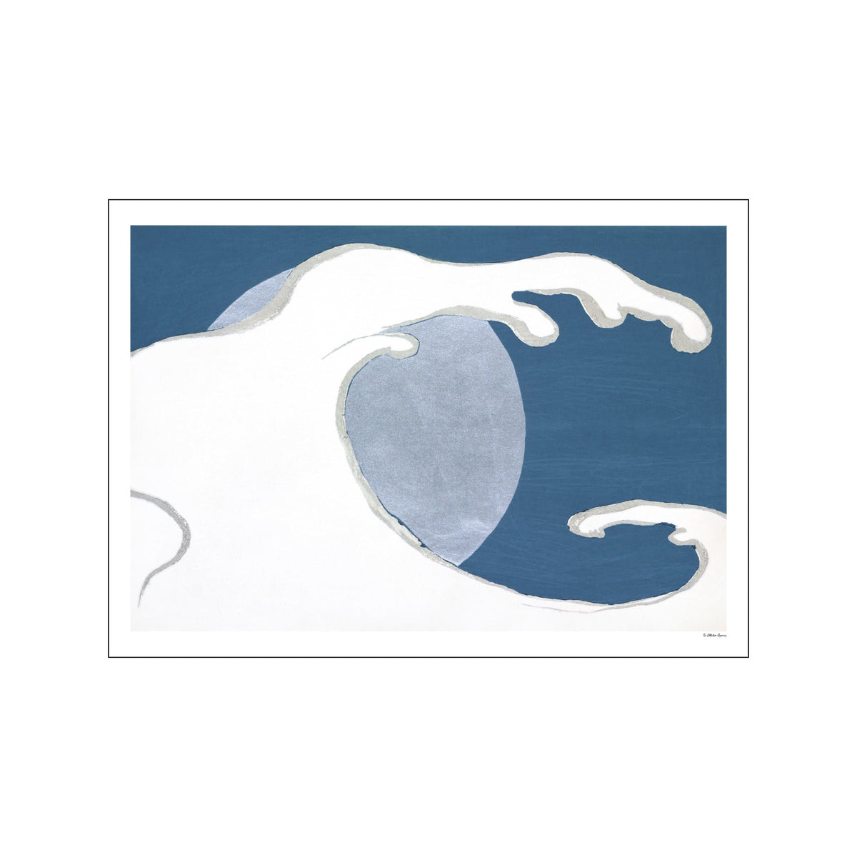 Abstract blue and white wave form with sweeping curves and pale silver accents