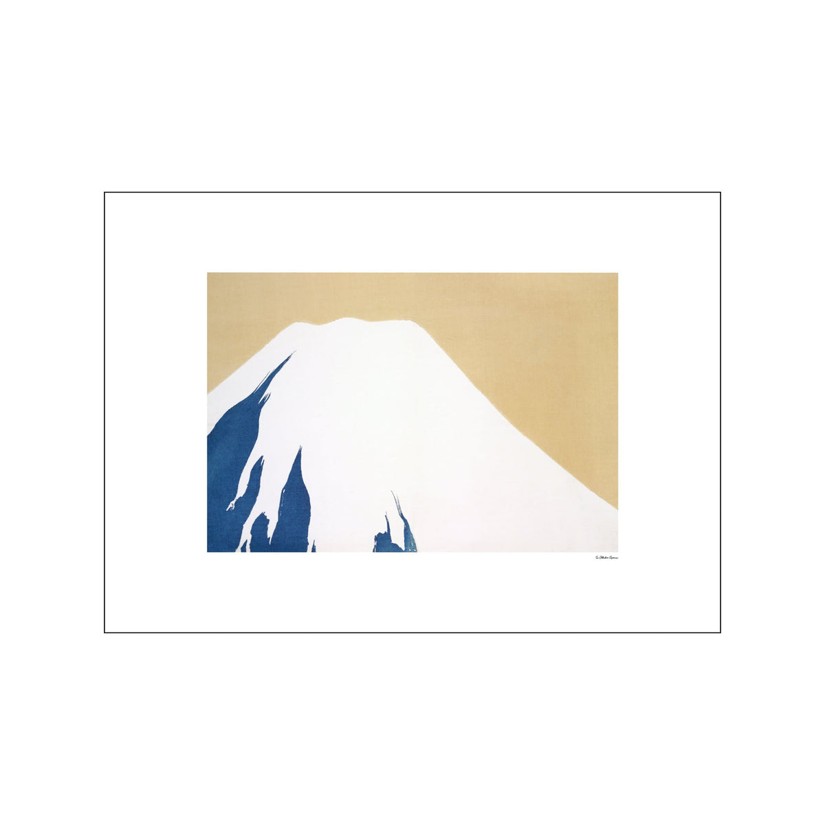 Minimal mountain landscape print with gold sky, white peak, and deep blue foreground forms