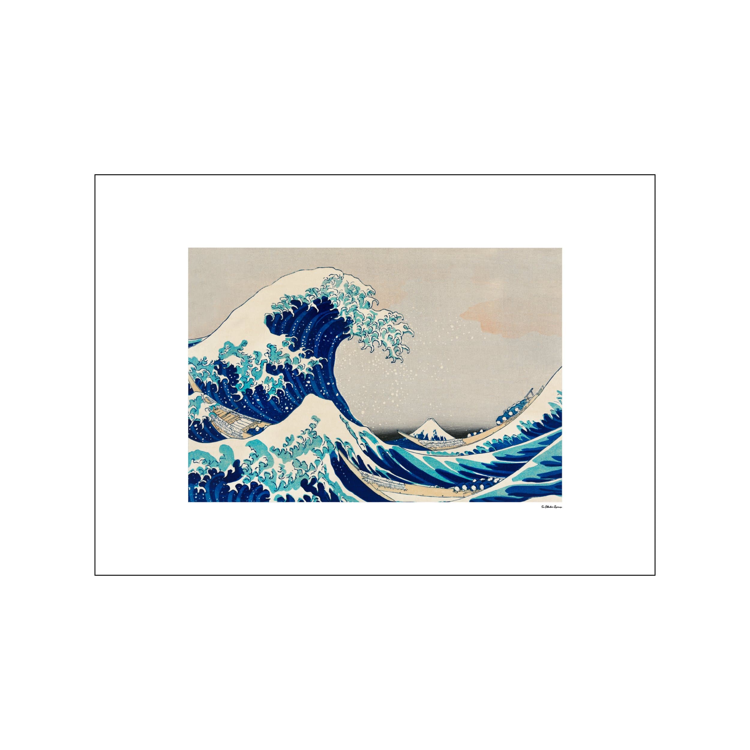 Japanese wave landscape print with deep blue surf, turquoise foam, and pale sky