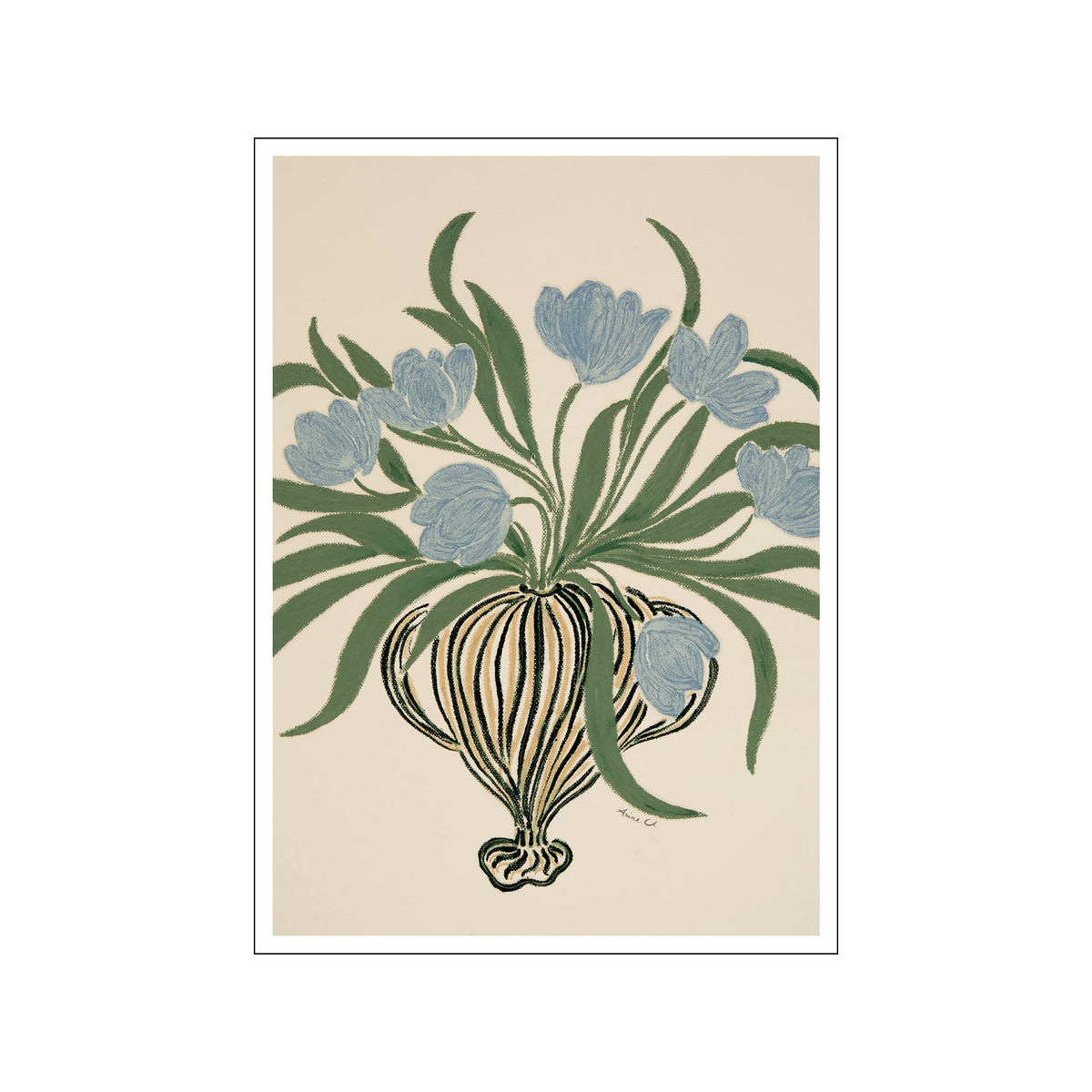 Blue tulips with long green leaves arranged in a striped vase on a light background