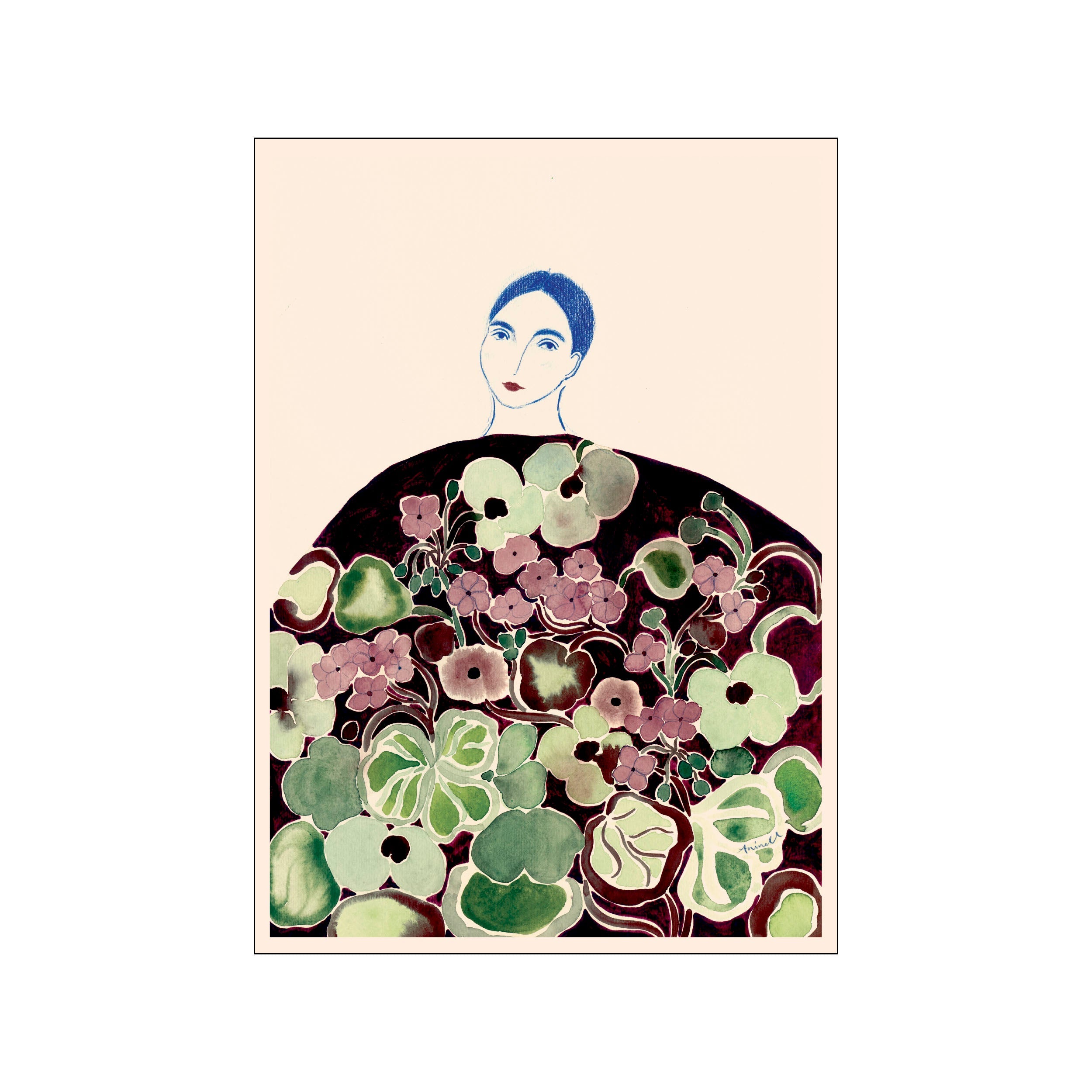 A striking portrait of a woman adorned in a dark, voluminous garment covered in large, stylized flowers in shades of sage green, muted purple, and deep plum, set against a soft, pale background.