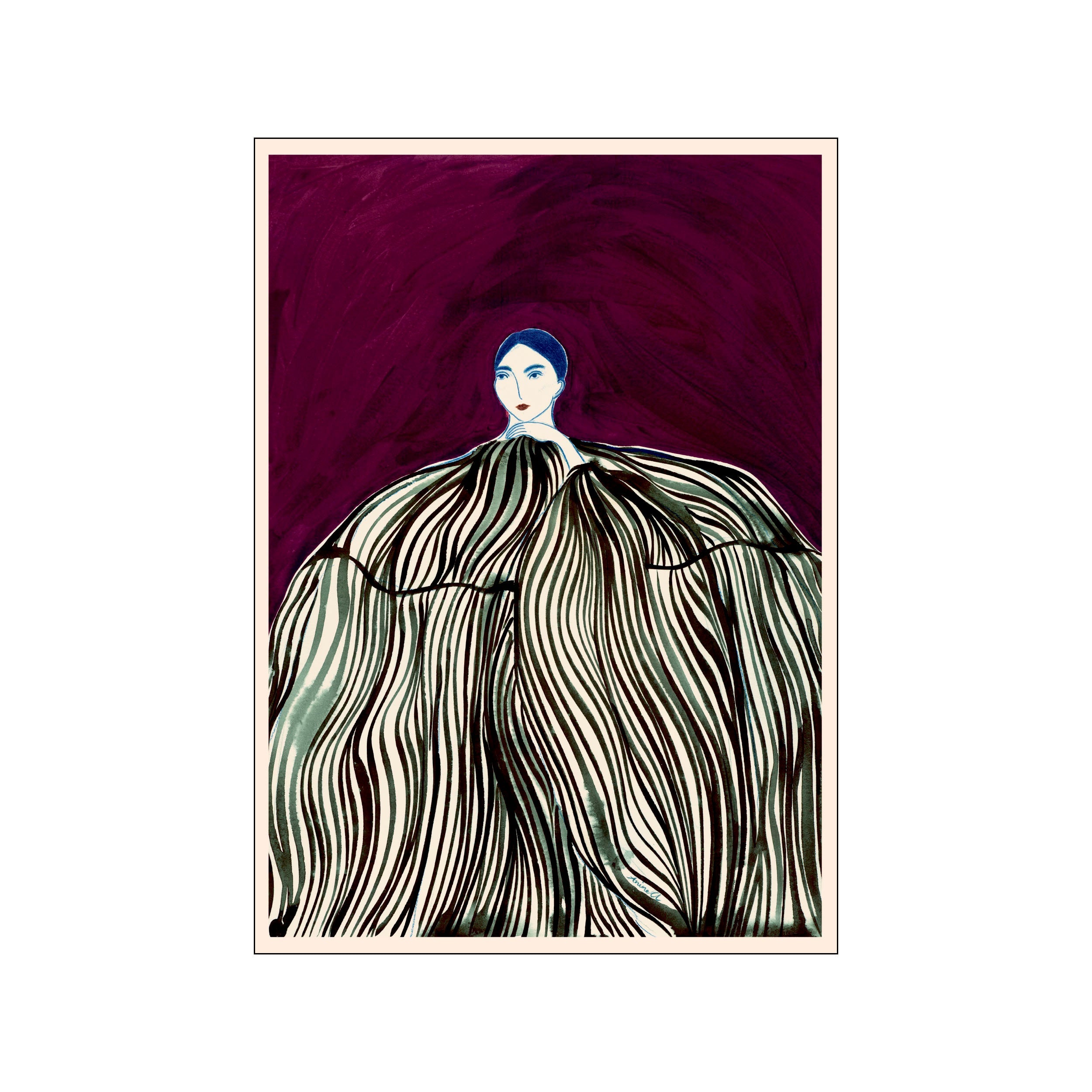 A stylized portrait of a figure wearing a dramatic, voluminous garment with flowing black and jade stripes against a deep plum background, evoking a sense of modern elegance.