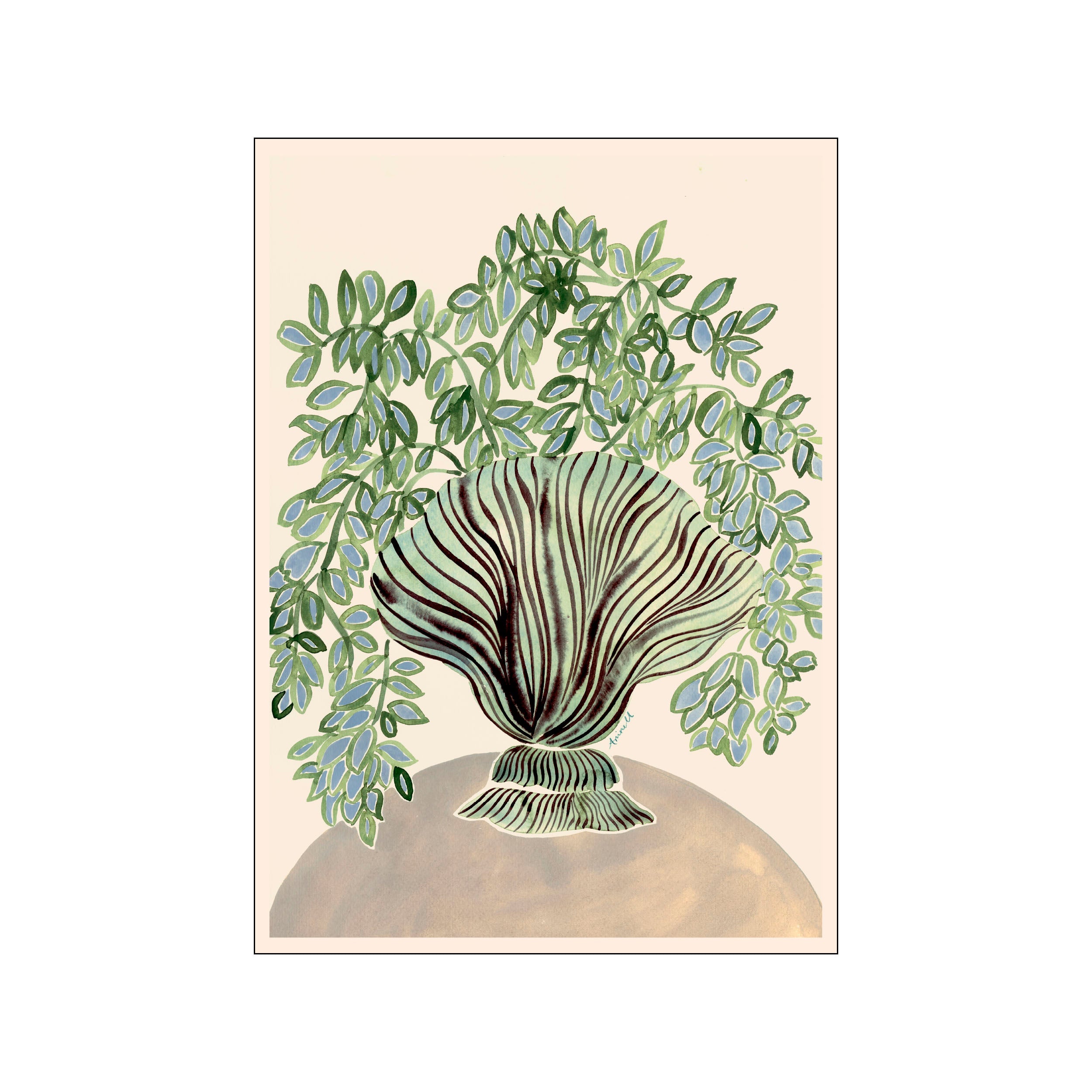 A watercolor-style illustration of a pale green shell-shaped vase with dark stripes, overflowing with lush green leaves accented with soft blue, set against a creamy background. Evokes a sense of organic calm and natural beauty.