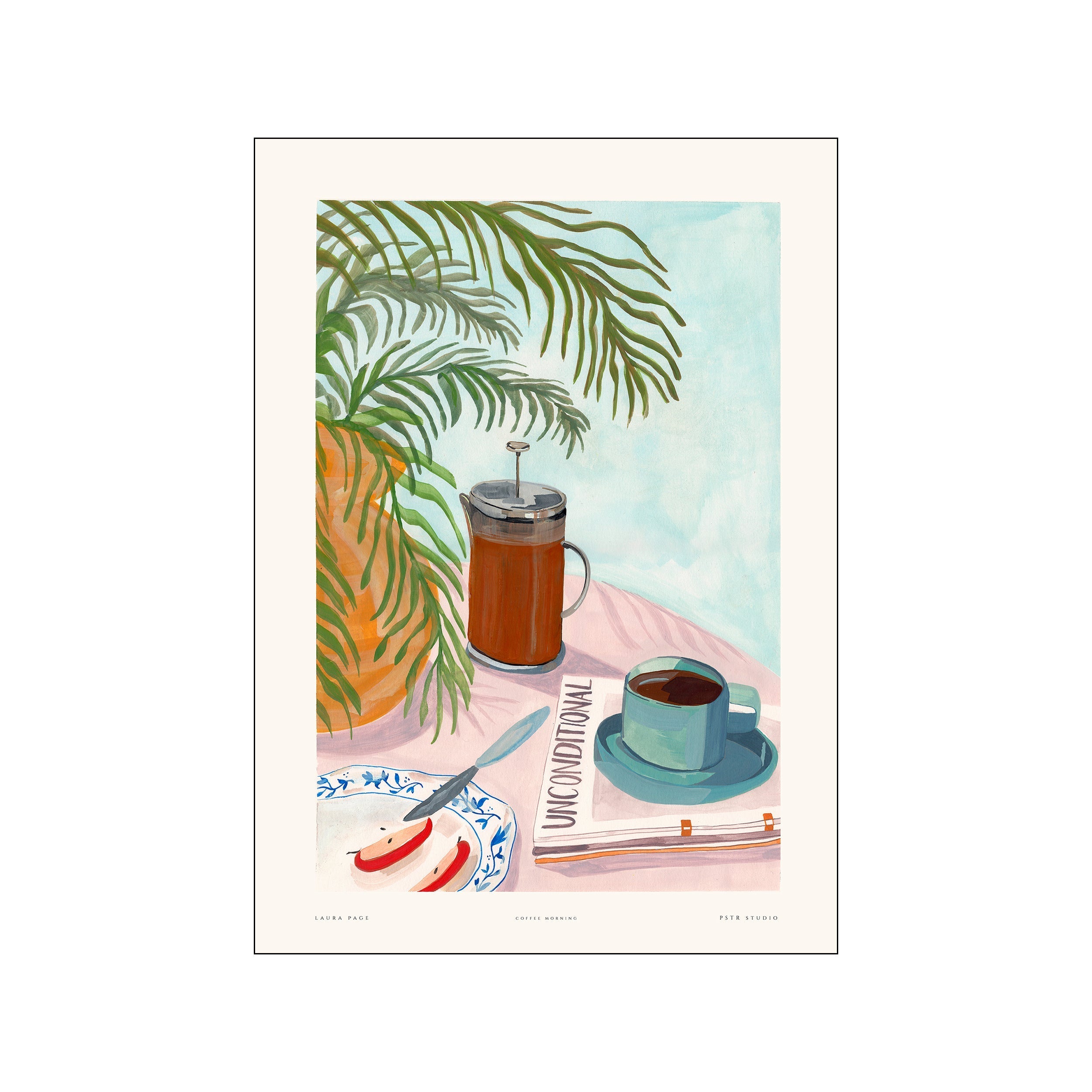Pastel coffee still life with French press, cup, plate, and palm leaves
