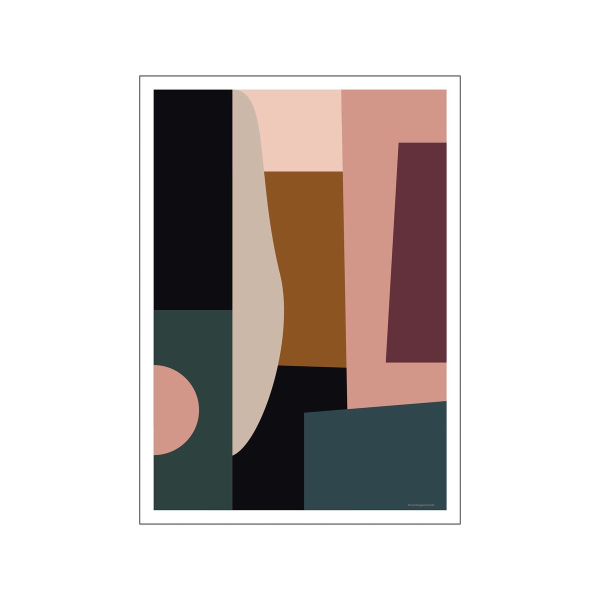 Abstract geometric poster with blush, teal, black, brown, and plum blocks