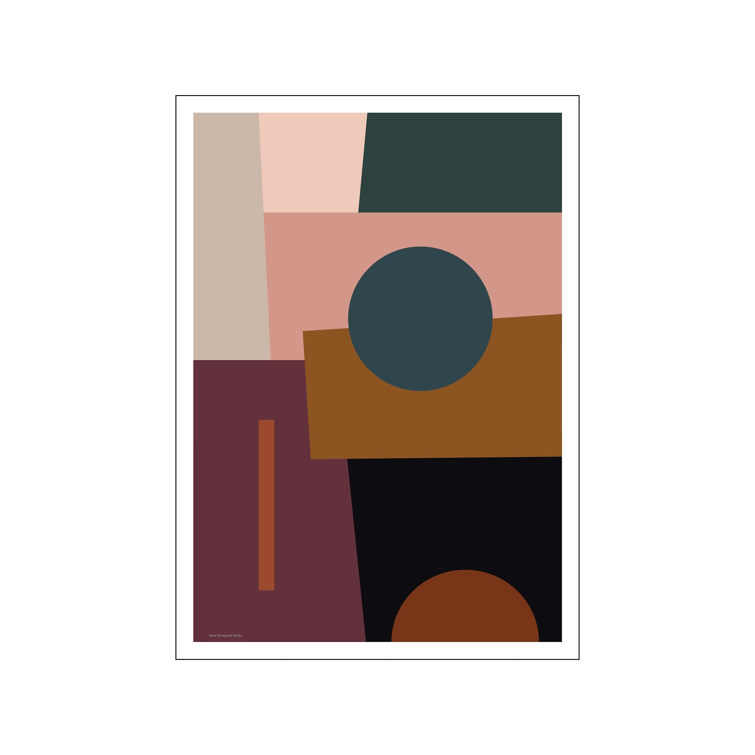 Abstract geometric poster with teal circle, blush blocks, plum shapes, and rust accents