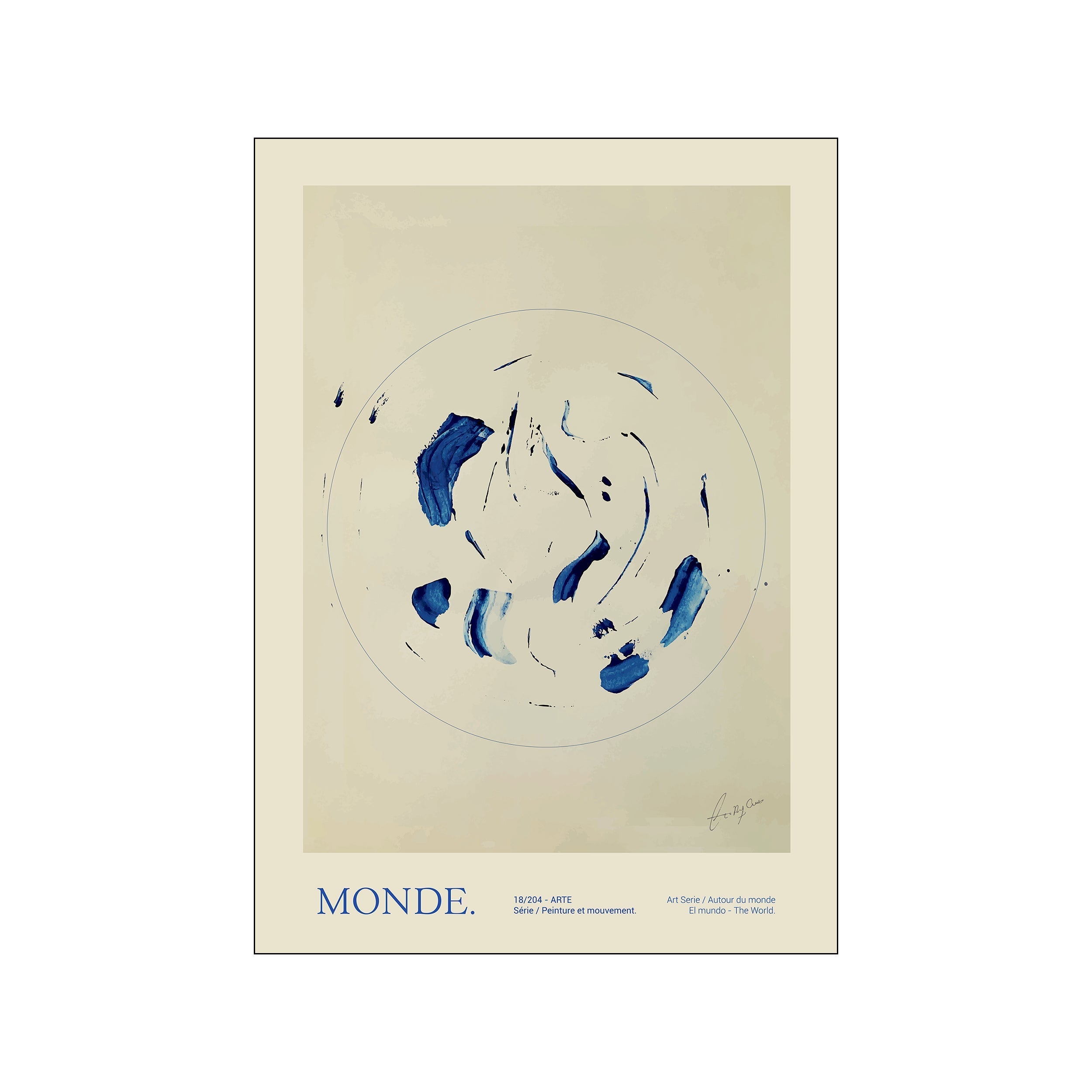 Abstract artwork featuring bold, sweeping strokes of deep blue paint against a soft cream background, enclosed by a thin blue circular line. Text at the bottom reads "MONDE." and other details.