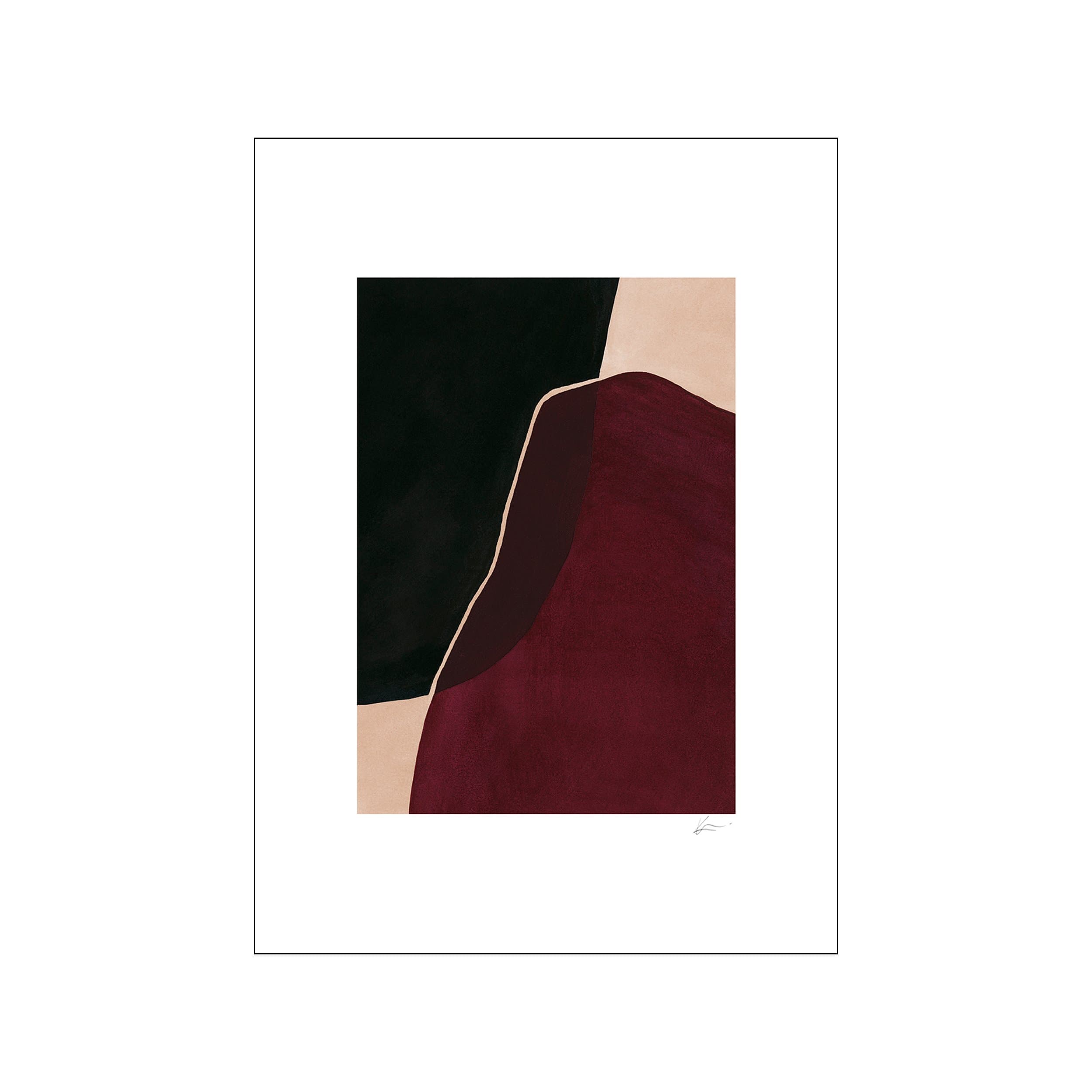 Abstract composition with soft, organic shapes in deep burgundy, blush, and charcoal, accented by a thin creamy line. Evokes a serene, modern, and sophisticated atmosphere.