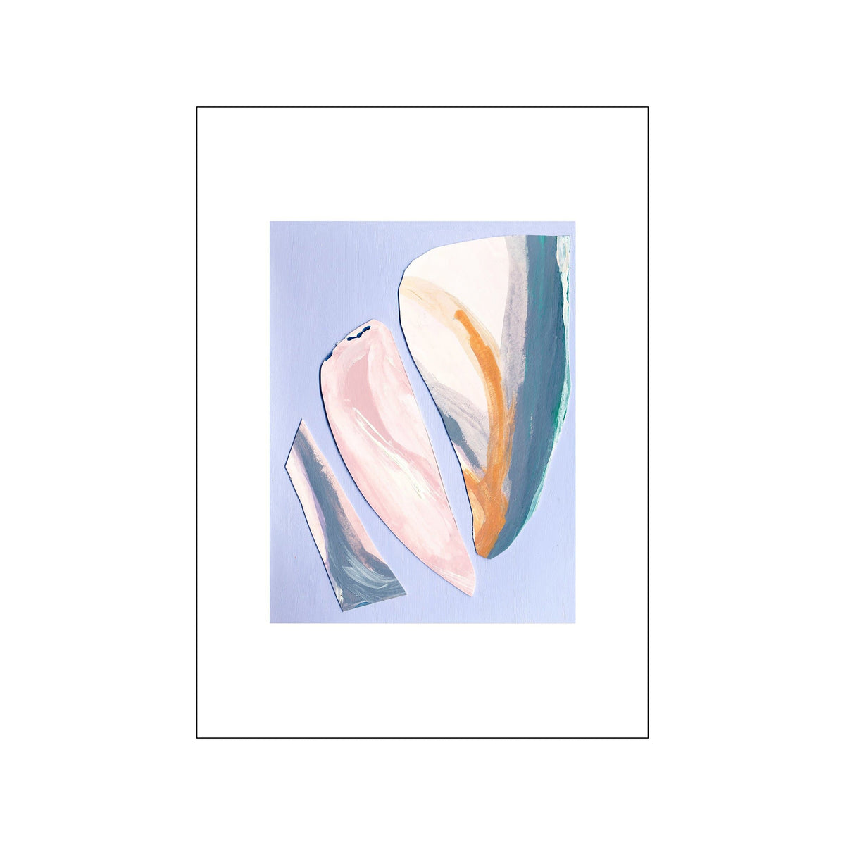 Abstract lilac print with three pastel shell forms in pink, ivory, teal, and ochre