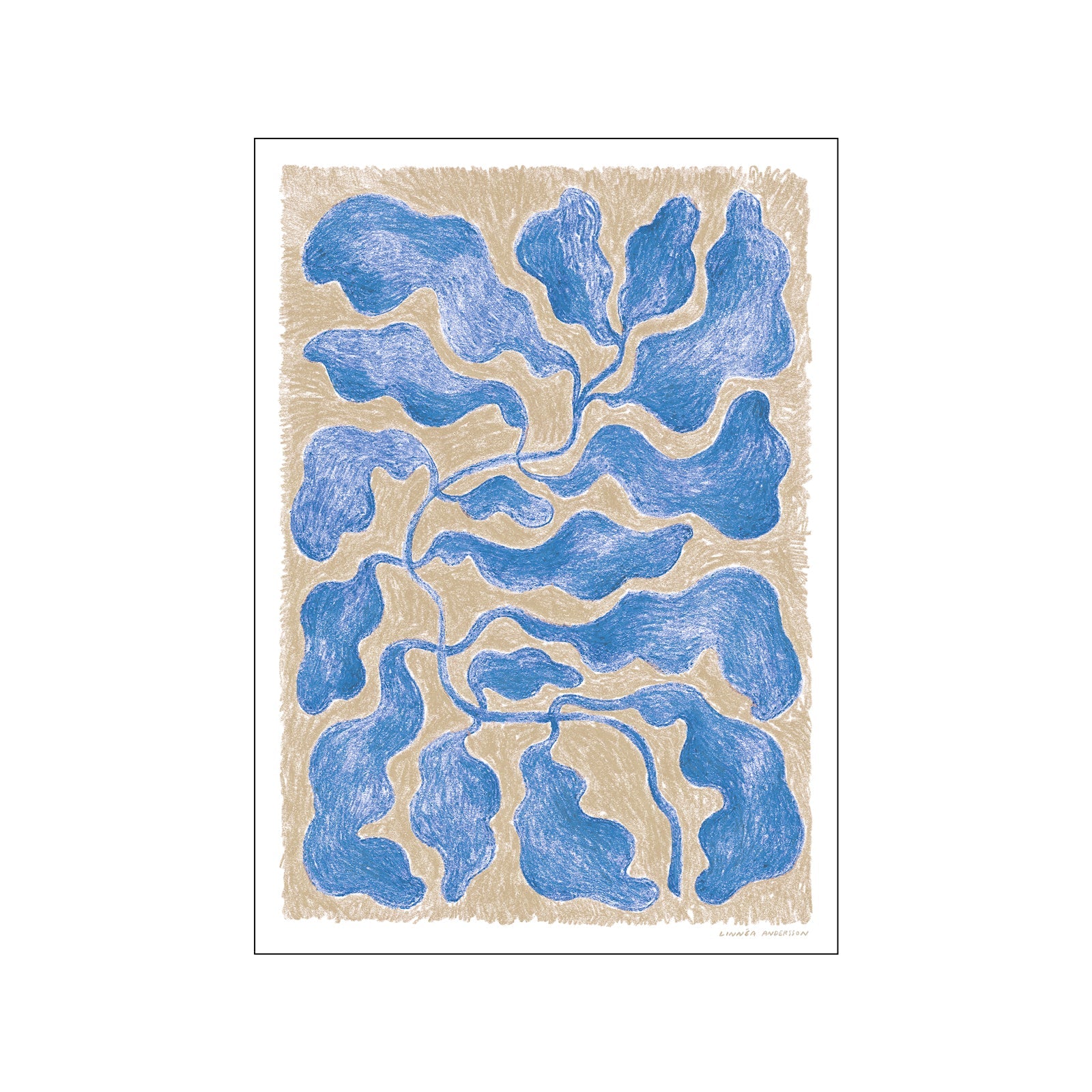An abstract artwork featuring flowing, organic shapes in shades of blue resembling leaves or petals against a textured, sandy-beige background, creating a gentle, rhythmic visual flow.