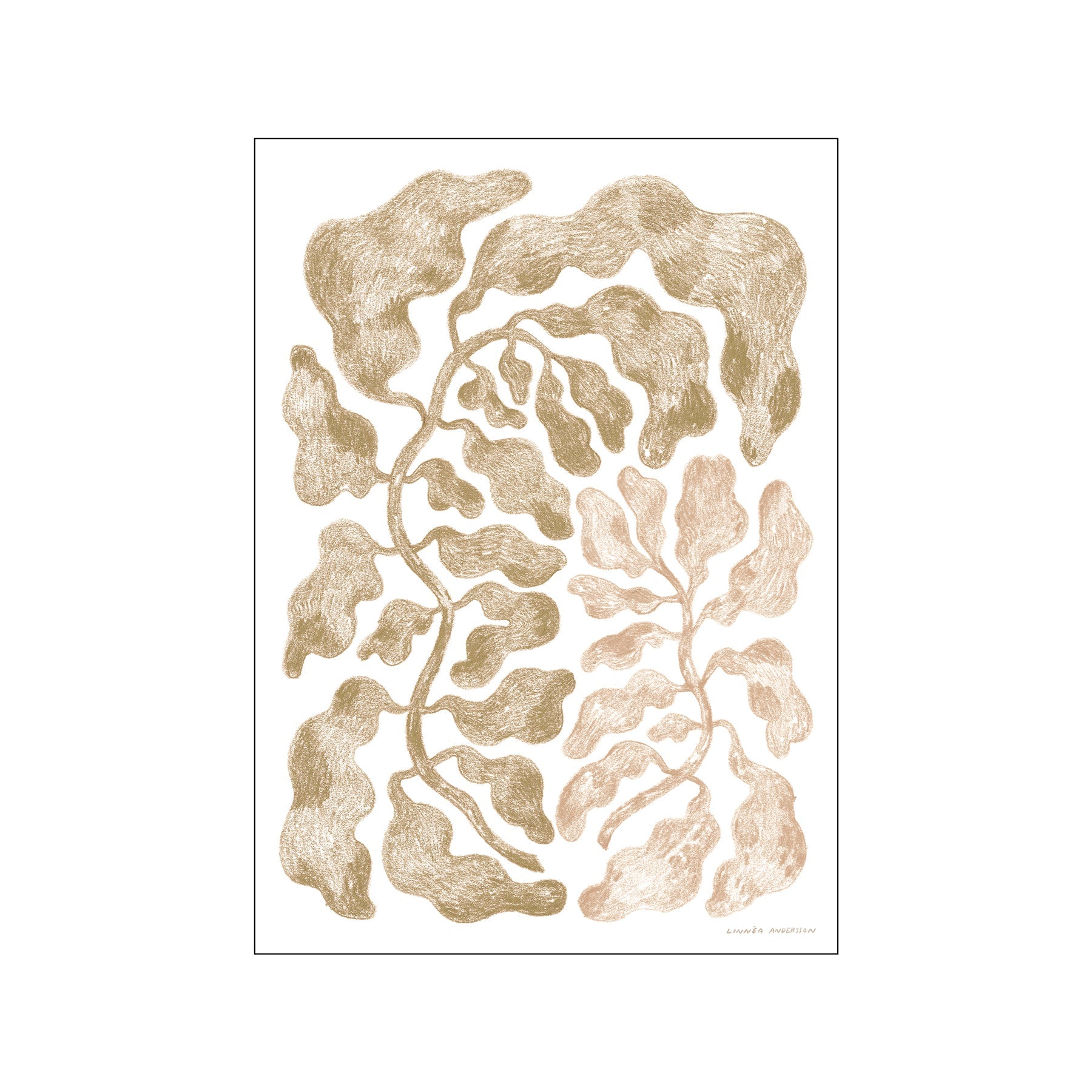 An abstract botanical artwork featuring flowing, textured leaf-like shapes in warm sepia and blush tones against a white background, creating a serene and organic visual story.
