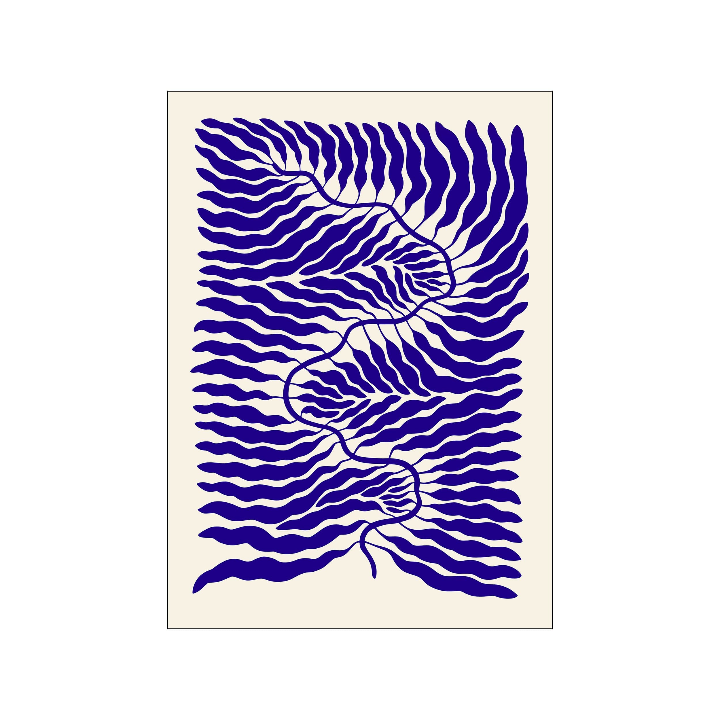 An abstract artwork featuring flowing, wave-like shapes in deep indigo blue against a soft, creamy background, reminiscent of organic forms or flowing water.
