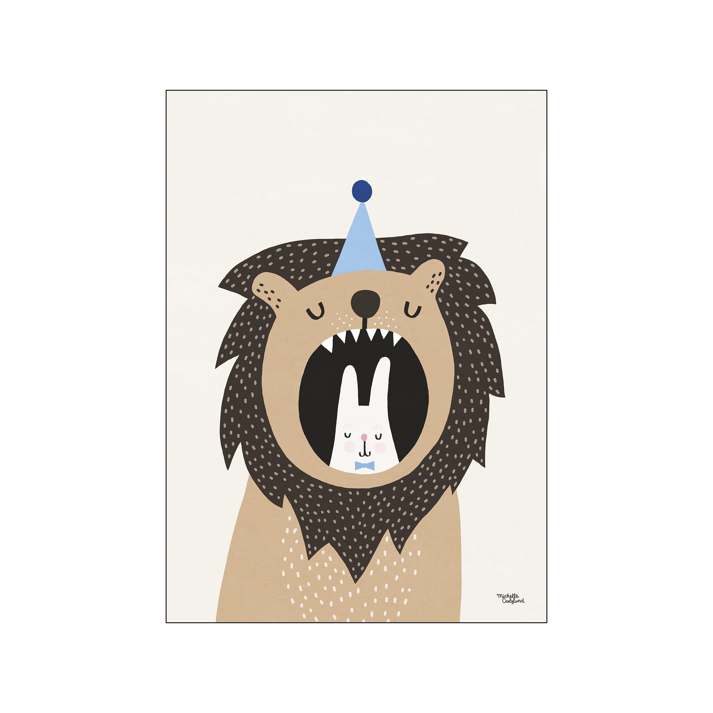 A cheerful lion wearing a blue party hat playfully opens its mouth to reveal a cute bunny wearing a blue bowtie. The artwork features a soft, creamy background and a muted color palette.