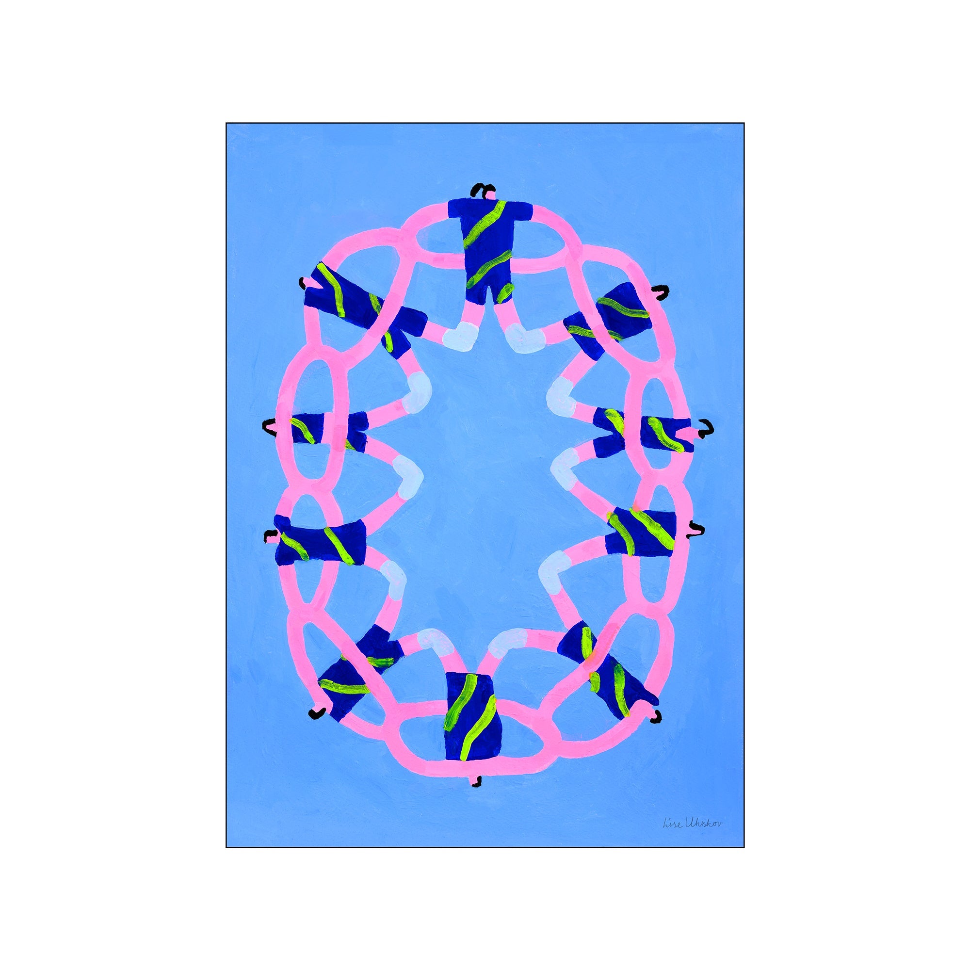 A vibrant, abstract illustration of connected figures in pink and blue with chartreuse stripes, arranged in a circle against a bright blue background, evoking a sense of playful unity and modern charm.