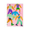 A colorful abstract artwork depicting five figures in motion, rendered in bold strokes of teal, purple, ochre, and green against a pale pink background. The figures' simplified forms suggest a collective journey or dance, evoking.