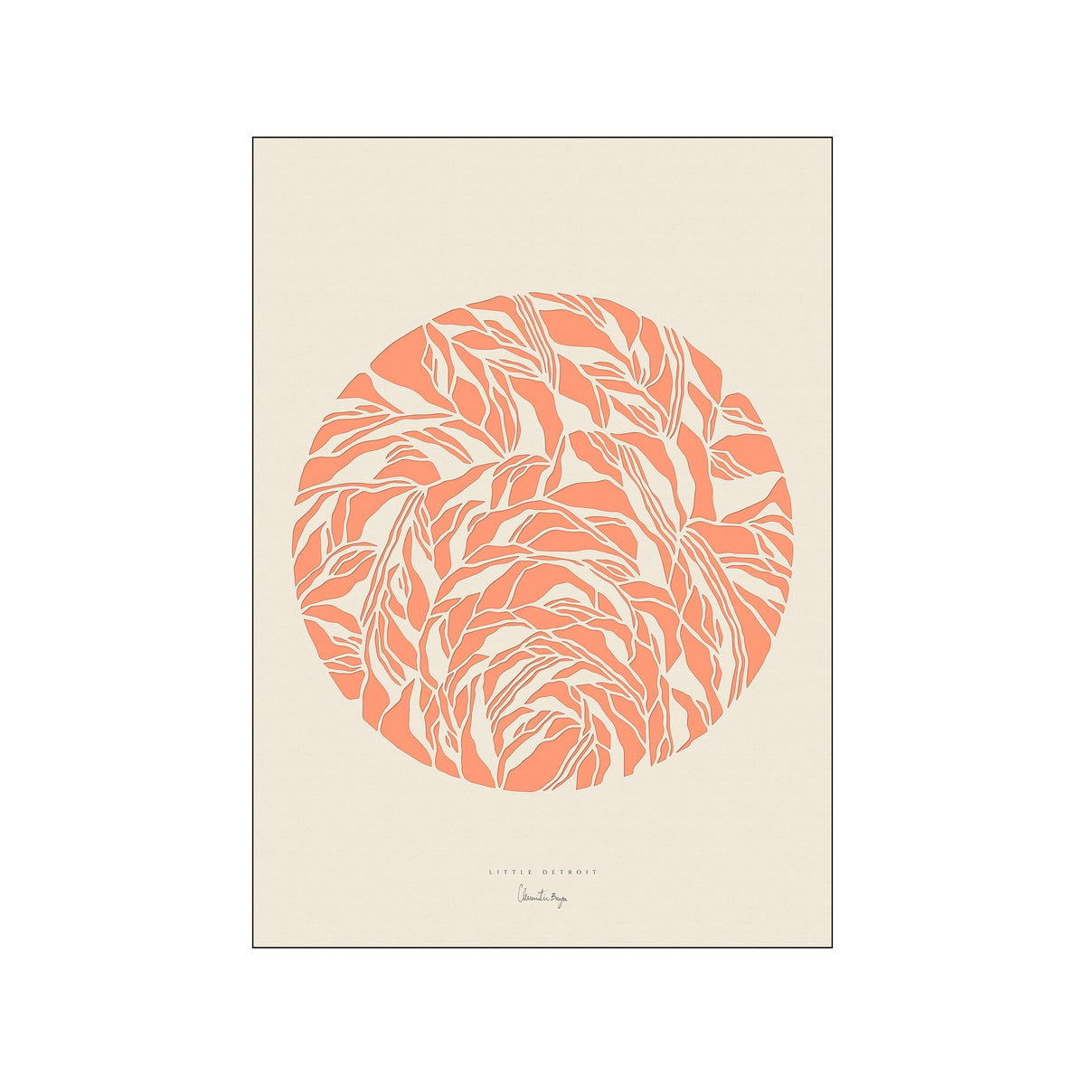 Coral abstract circle filled with flowing leaflike linework on a warm cream background