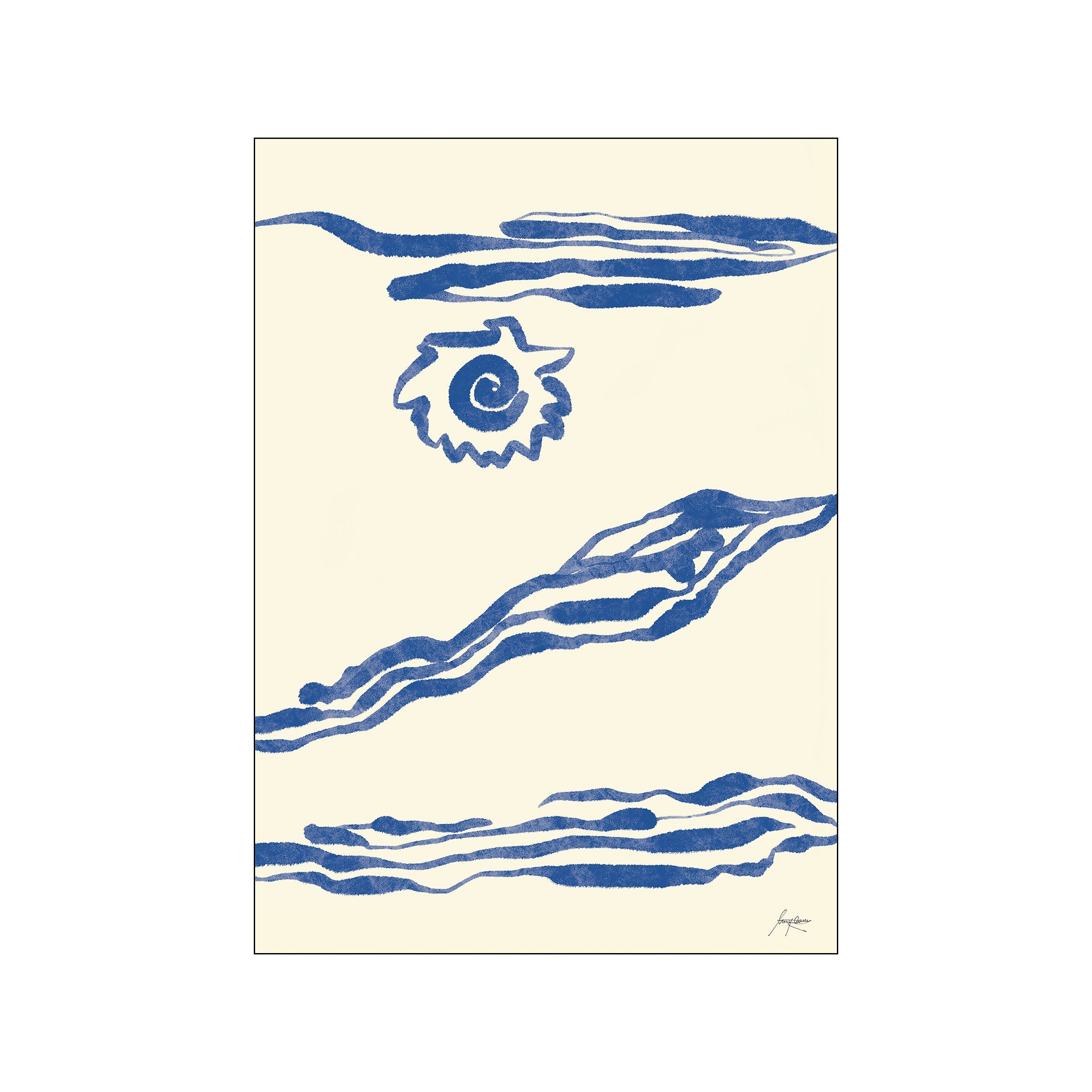 Abstract artwork featuring fluid indigo brushstrokes resembling waves and a spiral sun against a soft cream background, evoking a serene coastal atmosphere.