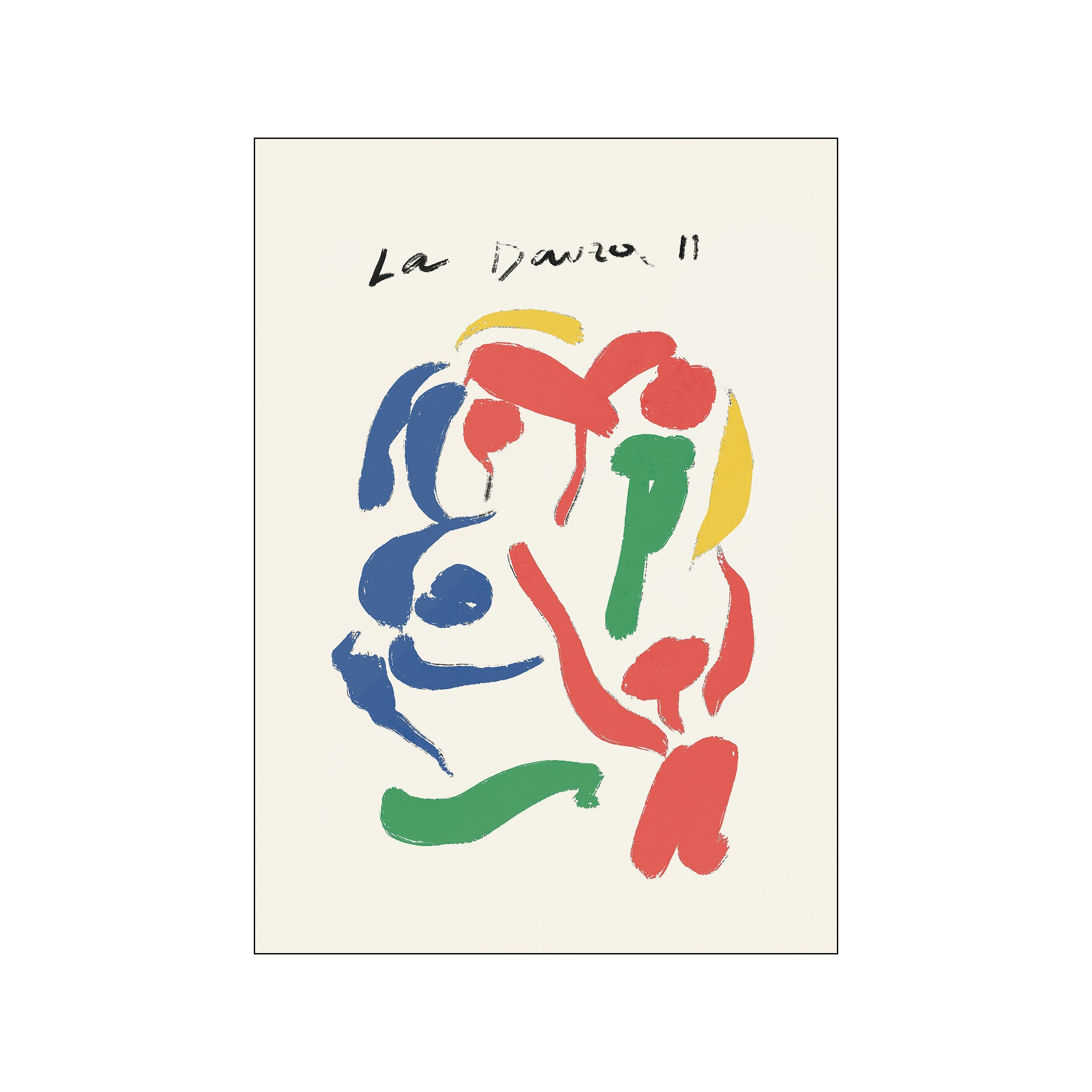 Abstract artwork titled 'La Danza II' by Lucrecia Rey Caro, featuring dynamic, flowing brushstrokes of red, blue, green, and yellow against an off-white background, suggesting figures in movement.