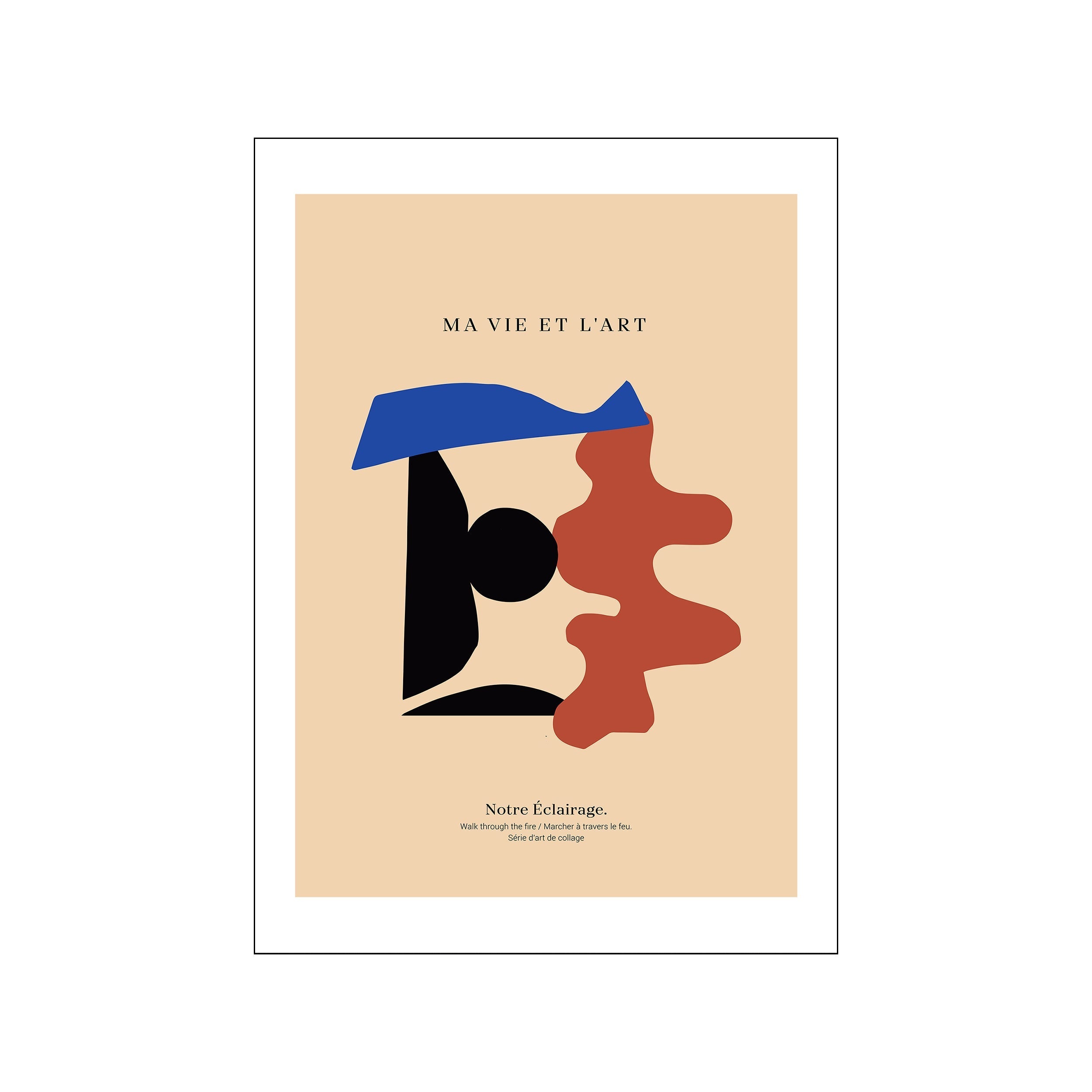 An abstract composition featuring organic shapes in black, terracotta, and bold blue against a soft beige background, evoking a sense of movement and balance, perfect for modern or bohemian decor.