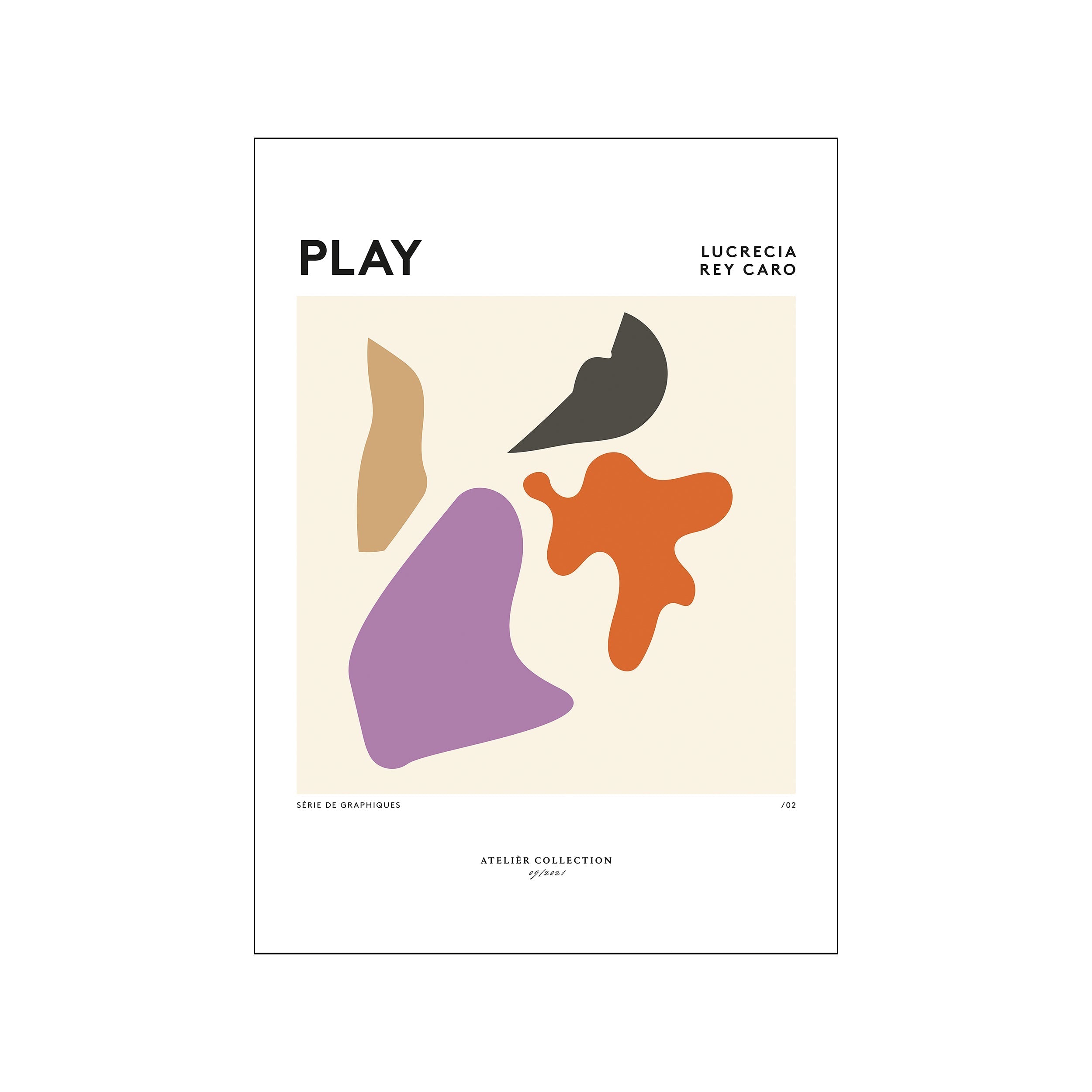 Abstract composition featuring organic shapes in coral orange, lavender purple, tan, and charcoal grey against a creamy background, titled 'Play'.