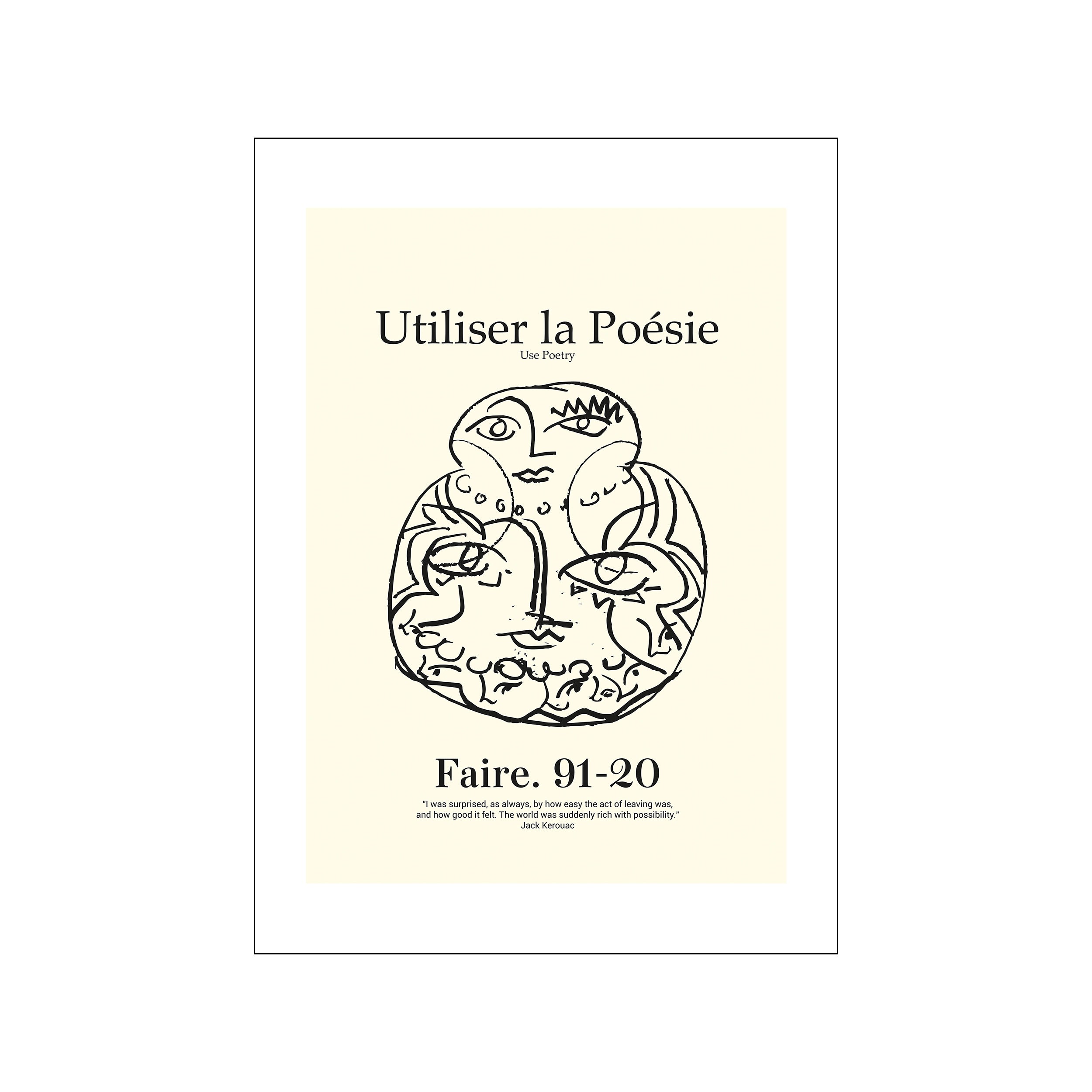 An abstract linework drawing of intertwined faces in black ink on a textured cream background, with French and English text referencing poetry and a Jack Kerouac quote.