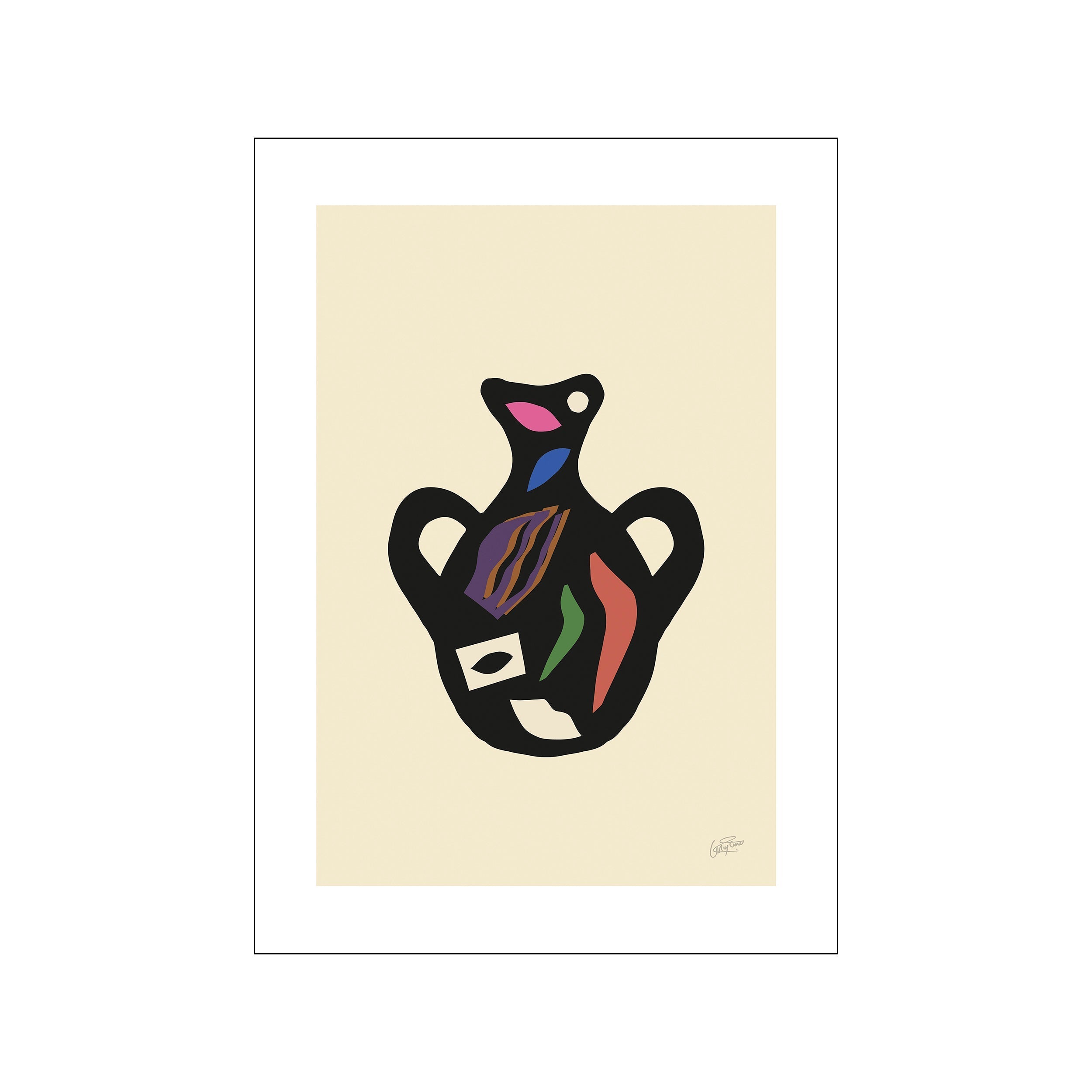 Abstract art depicting a black vase with handles, adorned with colorful geometric shapes and organic forms in shades of pink, blue, purple, green, and red, set against a creamy neutral background.