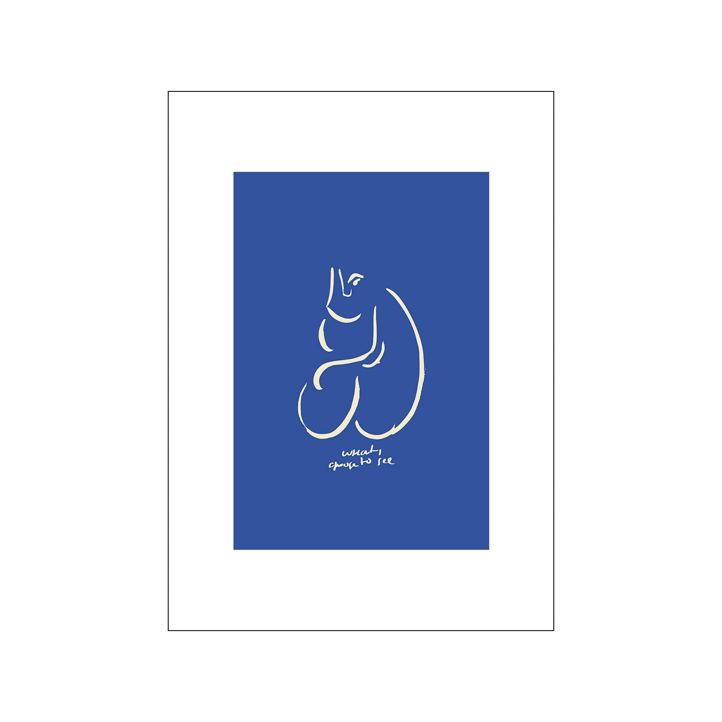 Abstract artwork featuring a flowing, cream-colored line drawing of a figure against a vibrant, deep blue background, creating a minimalist and contemplative mood.