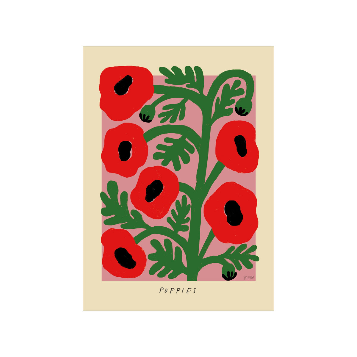 Stylized red poppies with black centers and green stems on a pink background
