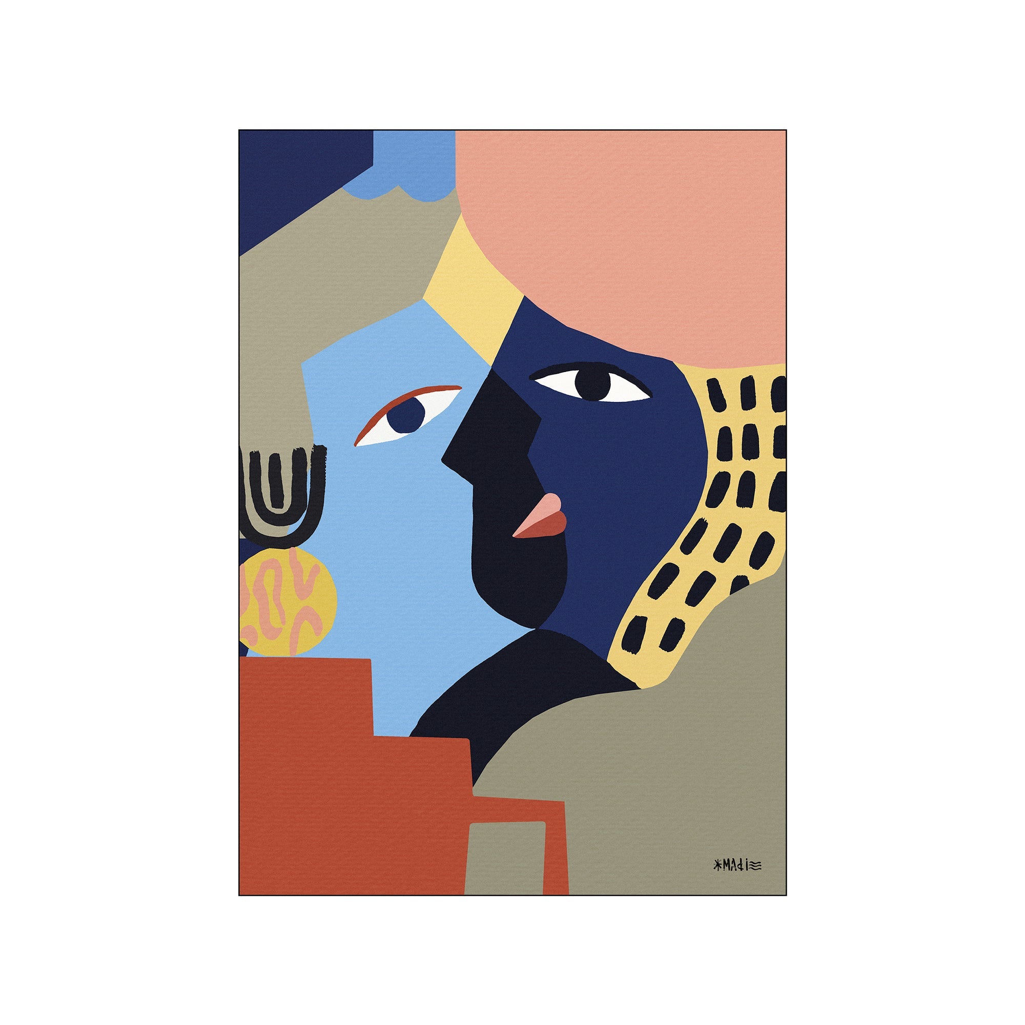 Abstract artwork depicting two faces leaning in for a kiss, rendered in bold geometric shapes and a palette of blues, terracotta, blush, and earthy neutrals, evoking a sense of intimacy and modern artistry.
