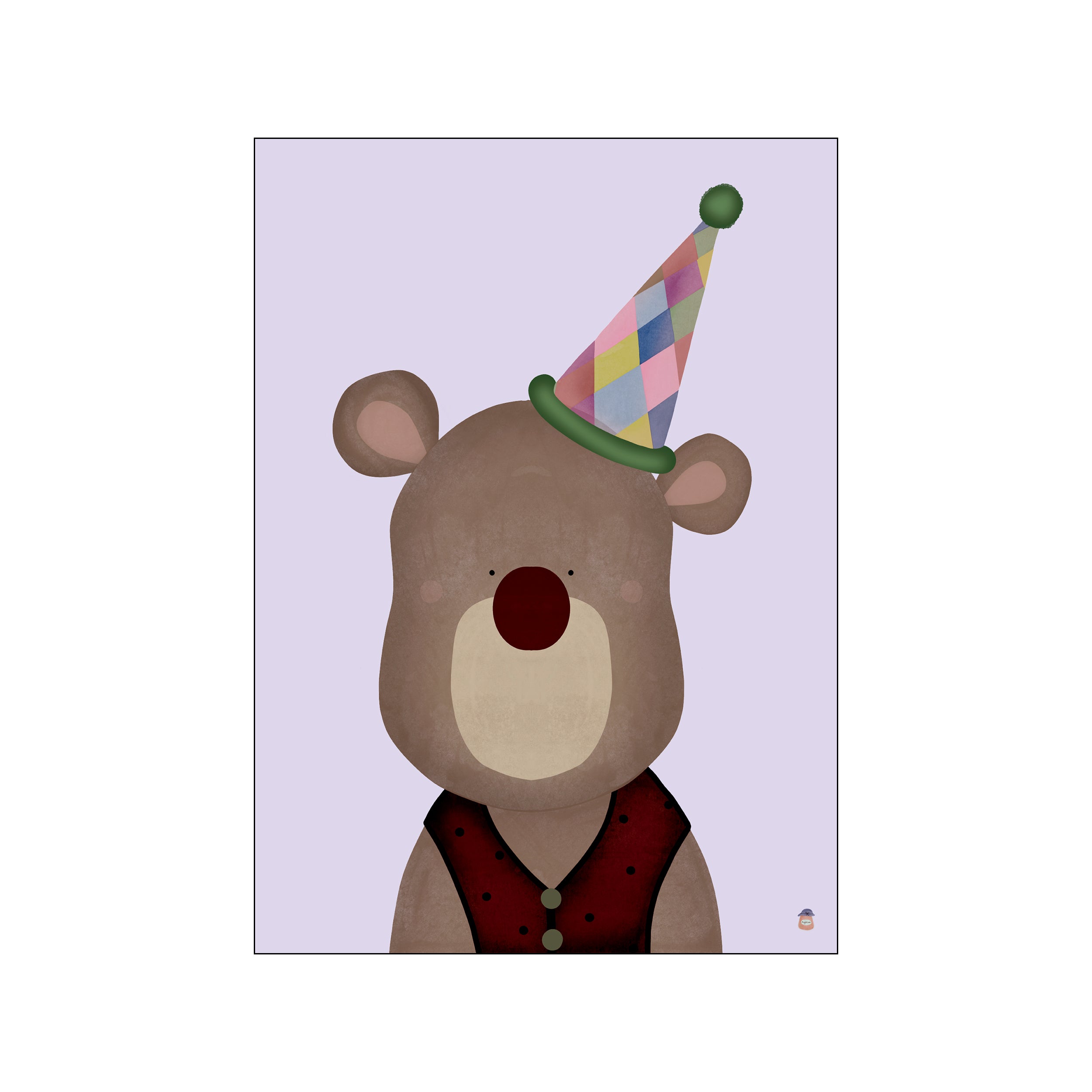 A charming, illustrated portrait of a friendly bear wearing a colorful, checkered party hat and a red polka-dot vest against a soft lavender background, evoking a feeling of playful celebration and gentle warmth.