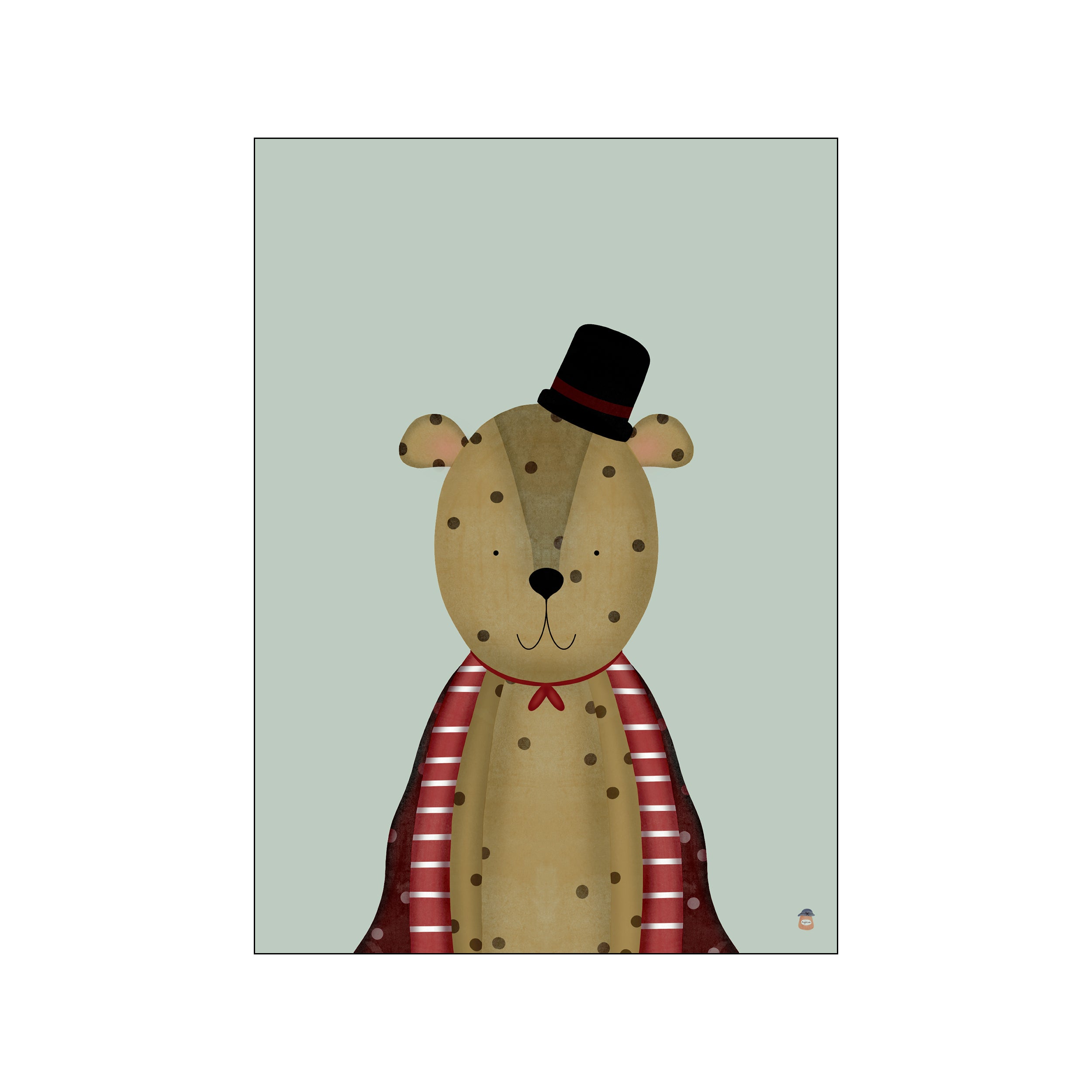 A charming portrait of a spotted leopard character wearing a black top hat and a red and white striped cape, set against a pale green background.