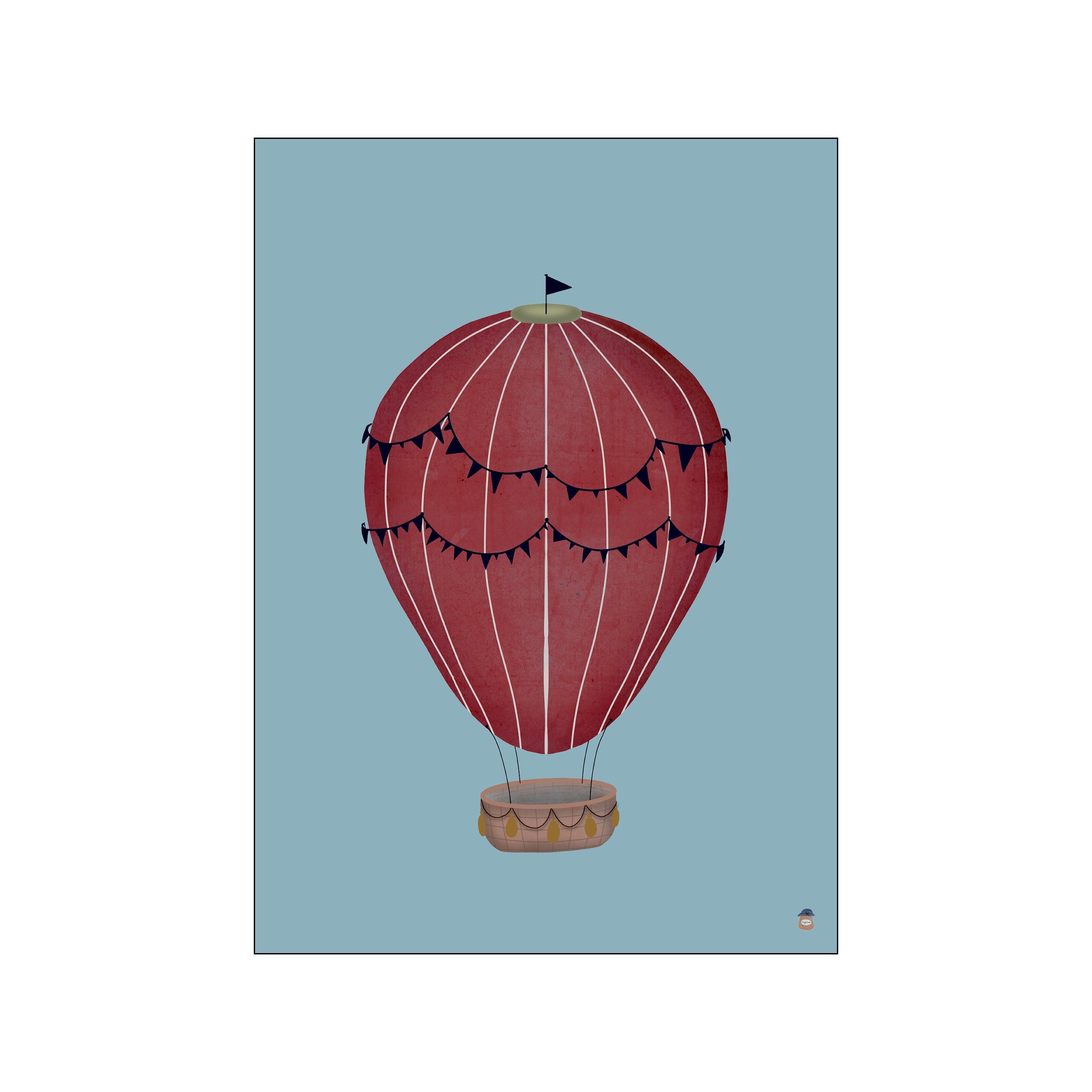 A whimsical red hot air balloon adorned with dark blue pennant flags and white vertical stripes, set against a muted blue sky. It carries a woven basket, evoking a sense of playful adventure and childlike.