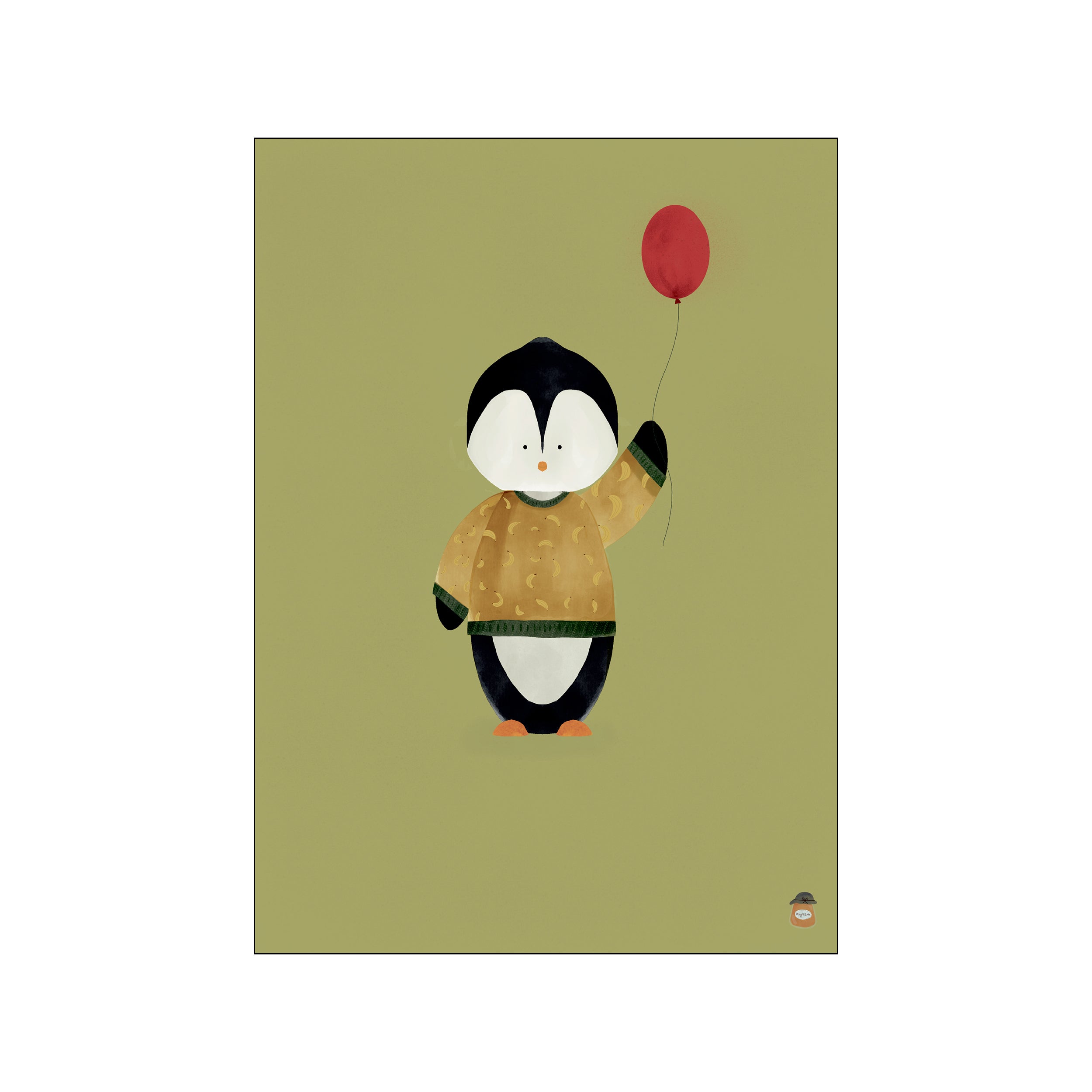 A cute, stylized penguin wearing a yellow, banana-patterned sweater and a grey hat, holding a bright red balloon against a muted green background, exuding a feeling of gentle wonder.