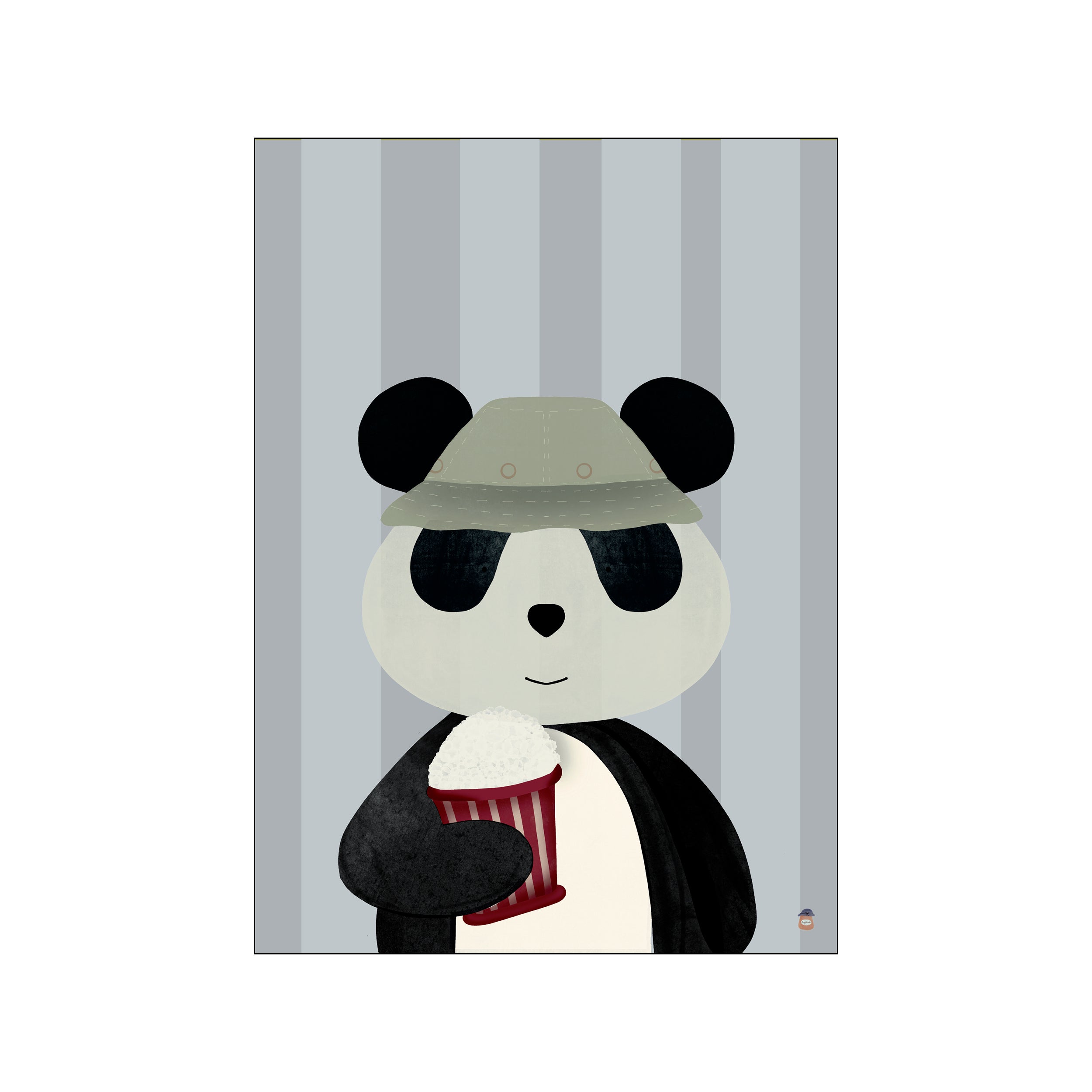 A whimsical panda wearing a safari hat, holding a bucket of popcorn. The background features soft grey vertical stripes, creating a charming and playful atmosphere.