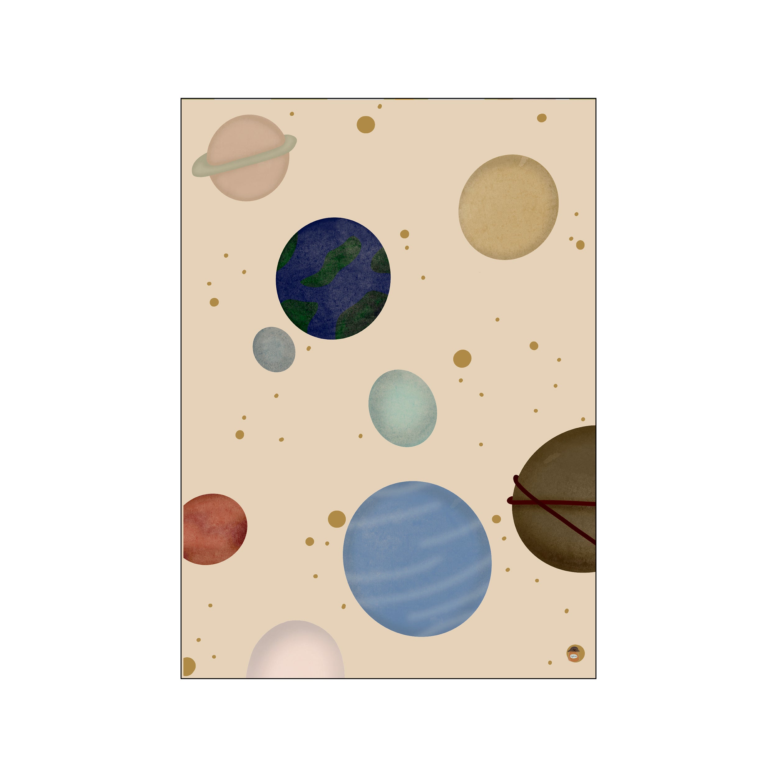 A whimsical composition of various planets and golden orbs scattered across a soft, cream-colored background, evoking a serene and dreamy cosmic atmosphere with a touch of bohemian charm.