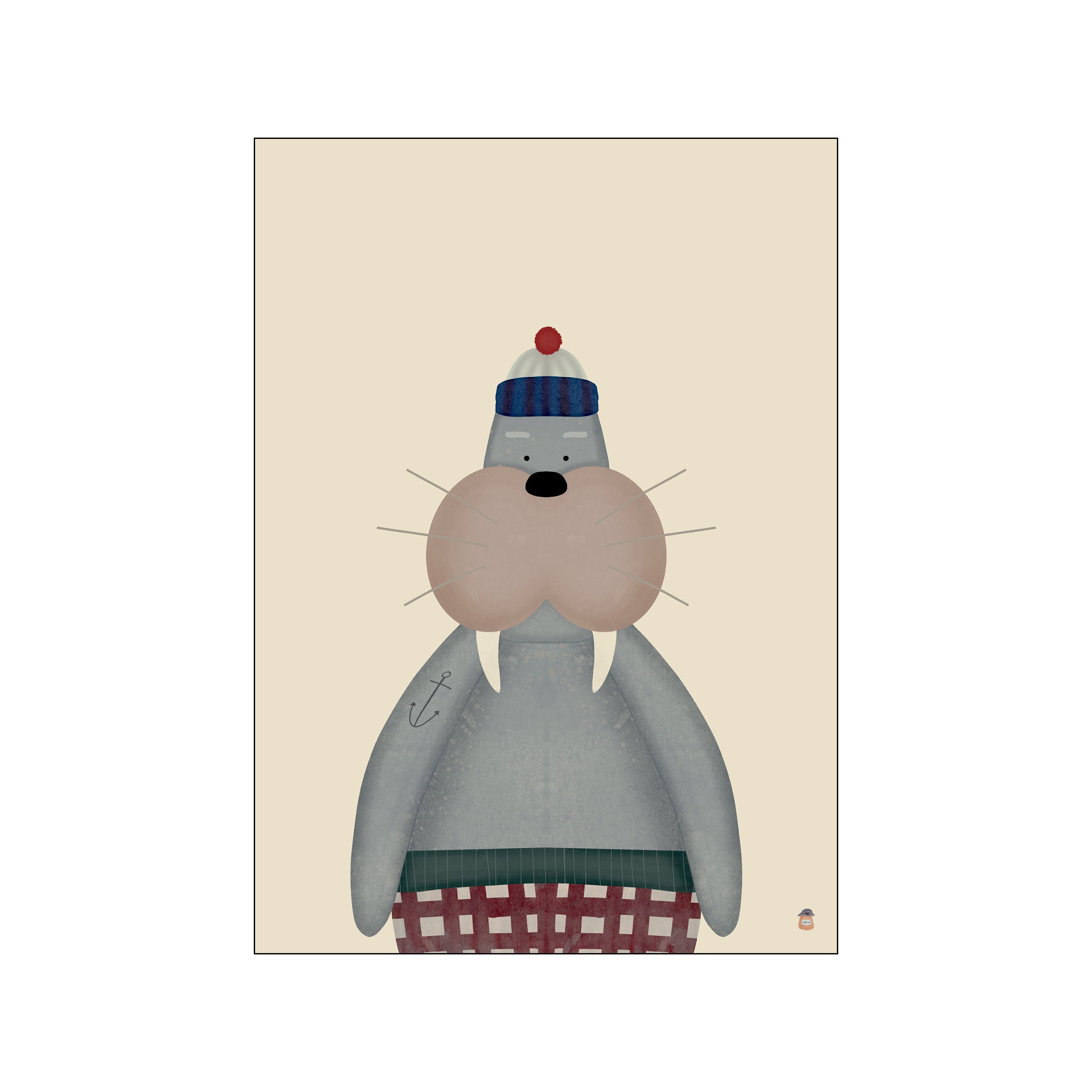A whimsical illustration of a walrus character named Villy Hvalros, wearing a blue and red striped beanie and plaid pants, against a plain cream background. The artwork has a muted, charming aesthetic.