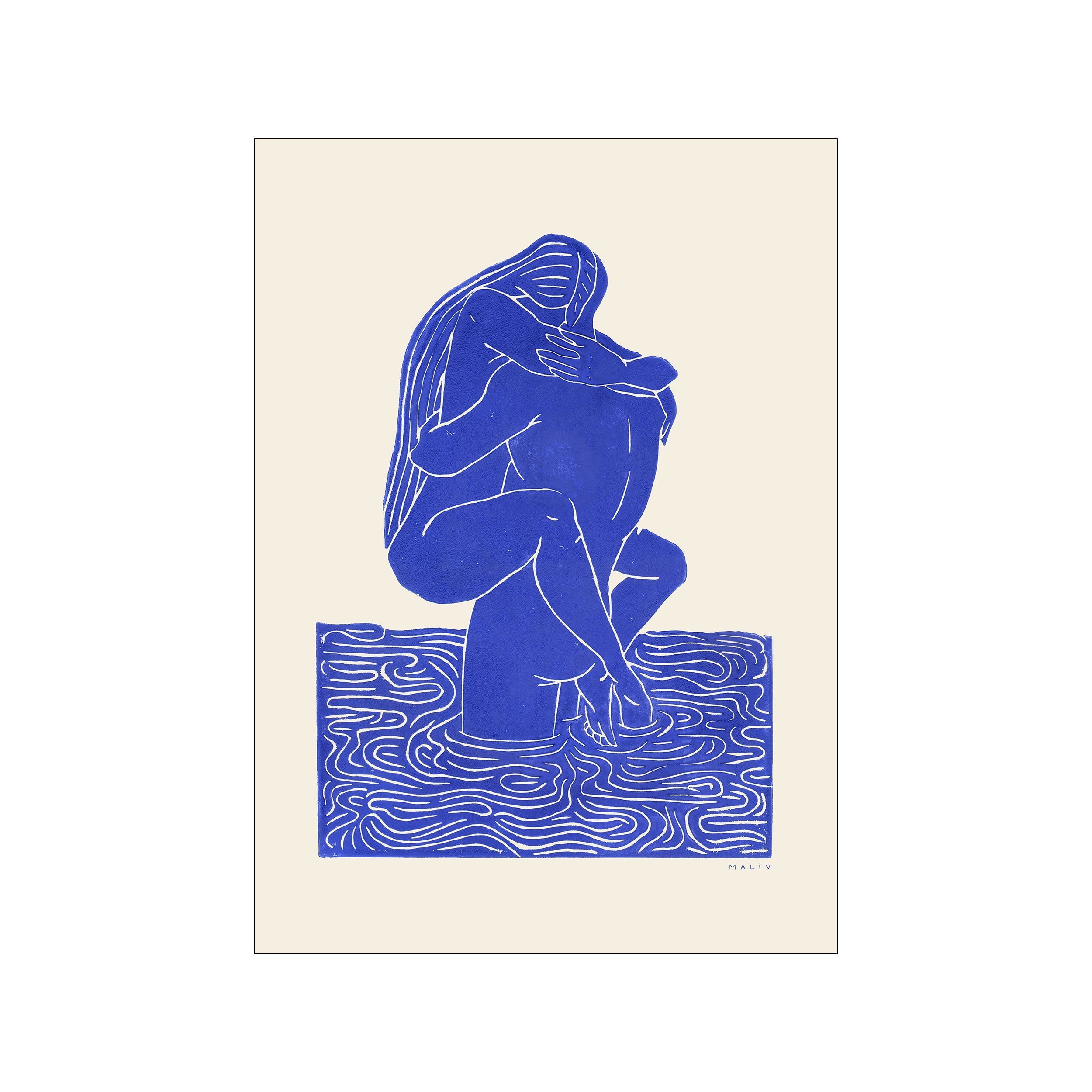 Cobalt blue stylized nude figure seated on a cream background with flowing linework