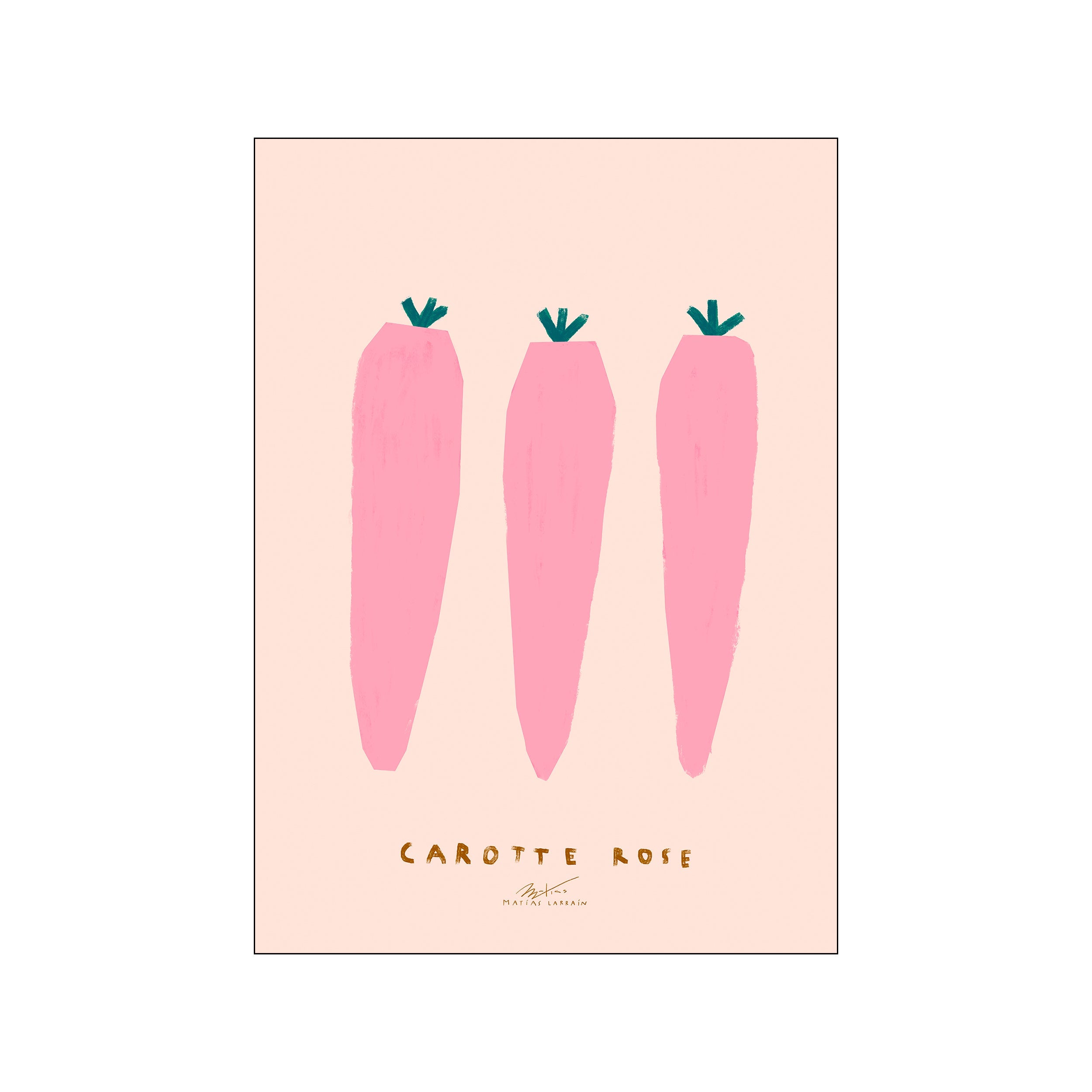 Three whimsical, hand-painted pink carrots with teal tops are arranged vertically against a soft peach background. The artwork has a charming, organic feel and adds a playful pop of color.