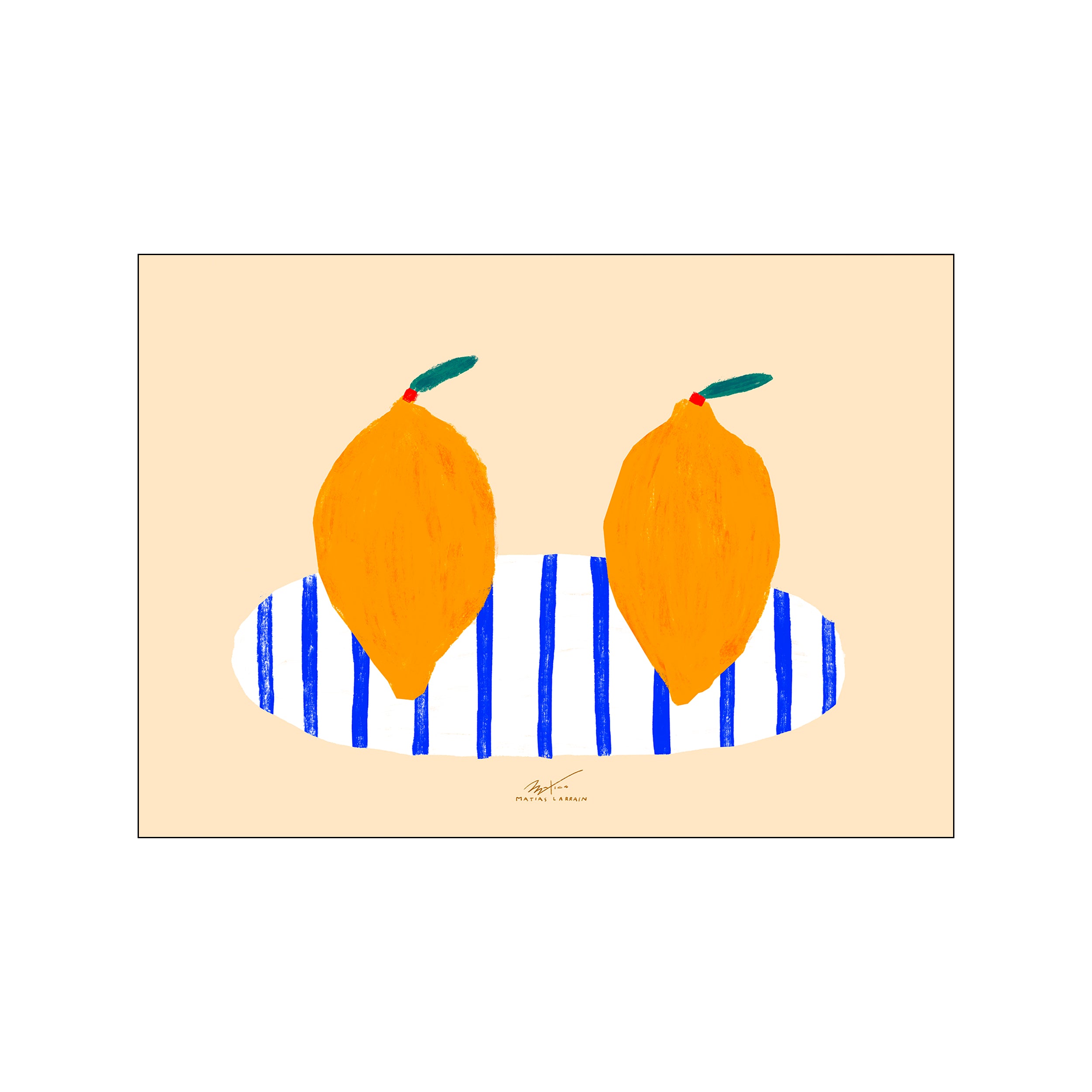Two impressionistic yellow lemons with green stems sit on an oval striped base of blue and white, set against a pale peach background. The artwork has a warm, inviting, and artistic vibe.