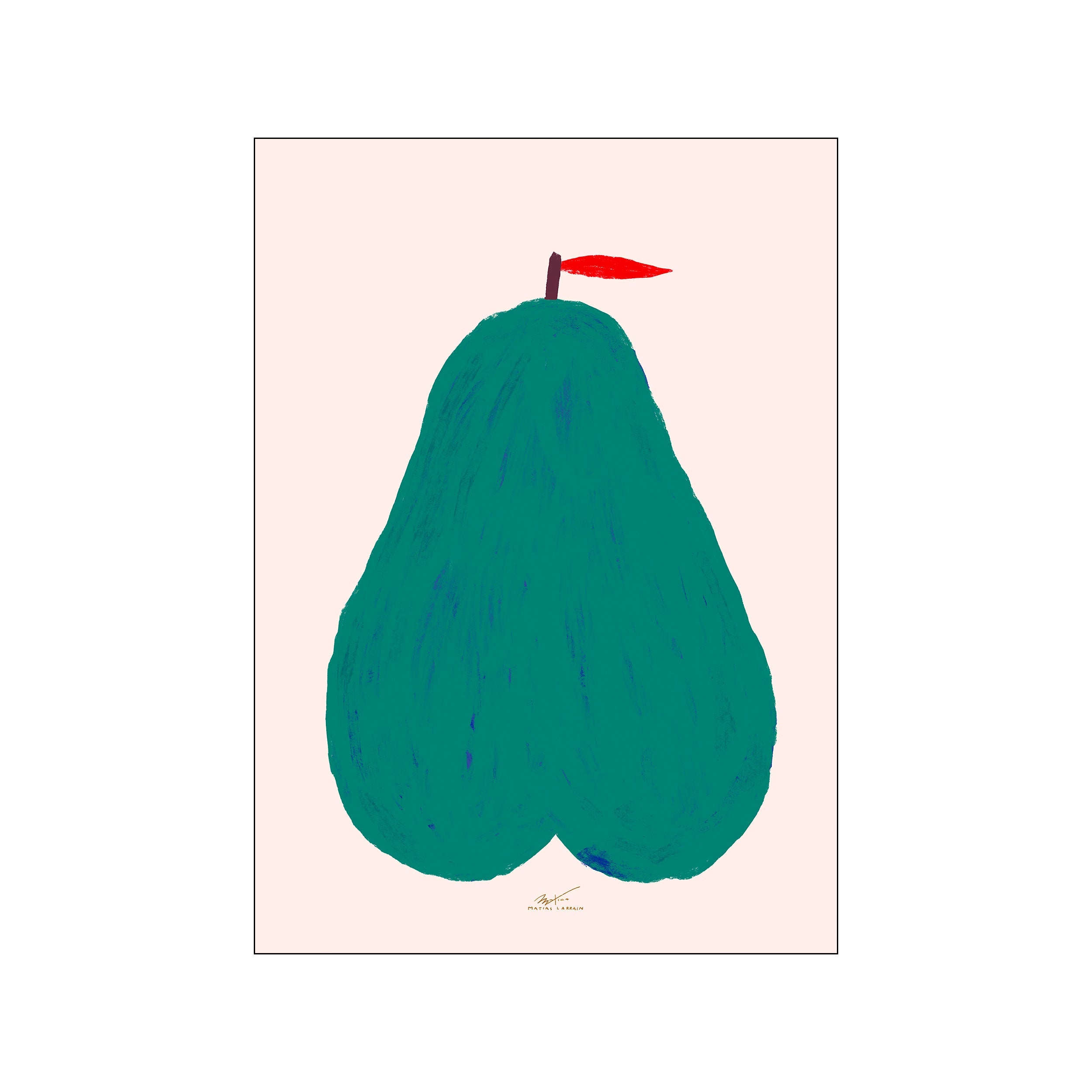 A stylized illustration of a large teal pear with visible brushstrokes and a small red banner at the top, set against a pale pink background. The artwork has a whimsical yet sophisticated vibe.