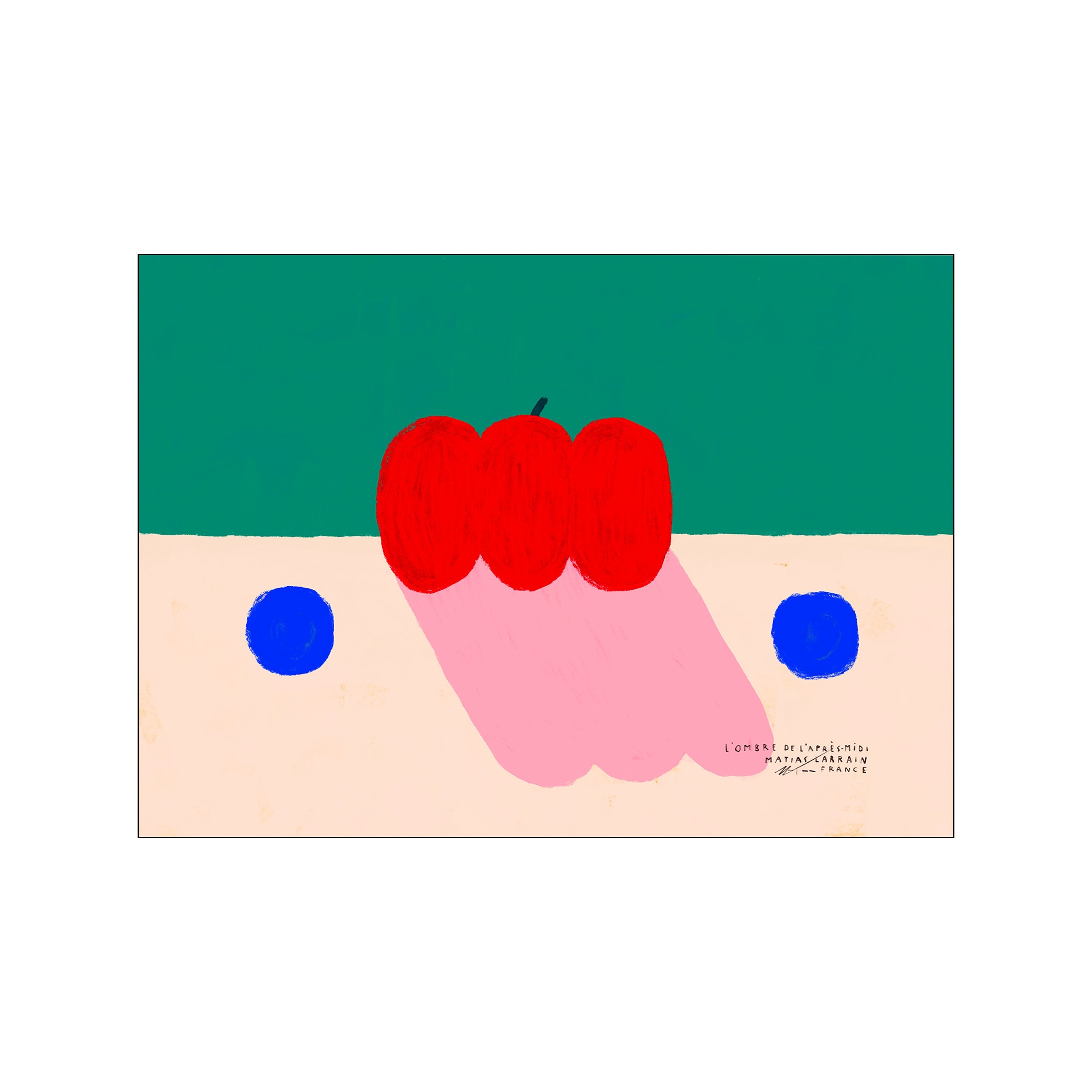 Stylized depiction of three red fruits casting soft pink shadows on a pale peach surface, set against a teal background, with two blue circles on either side.